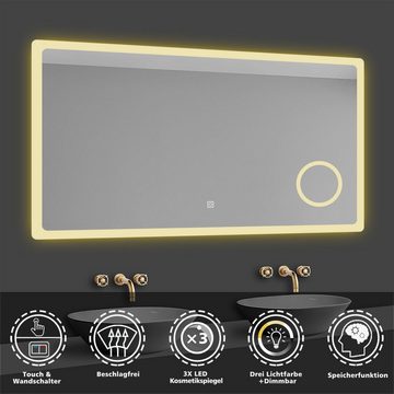 duschspa Badspiegel LED Beleuchtung Kalt/Neutral/Warmweiß Dimmbar Beschlagfrei, 3x LED Schminkspiegel, Touch, Wandschalter