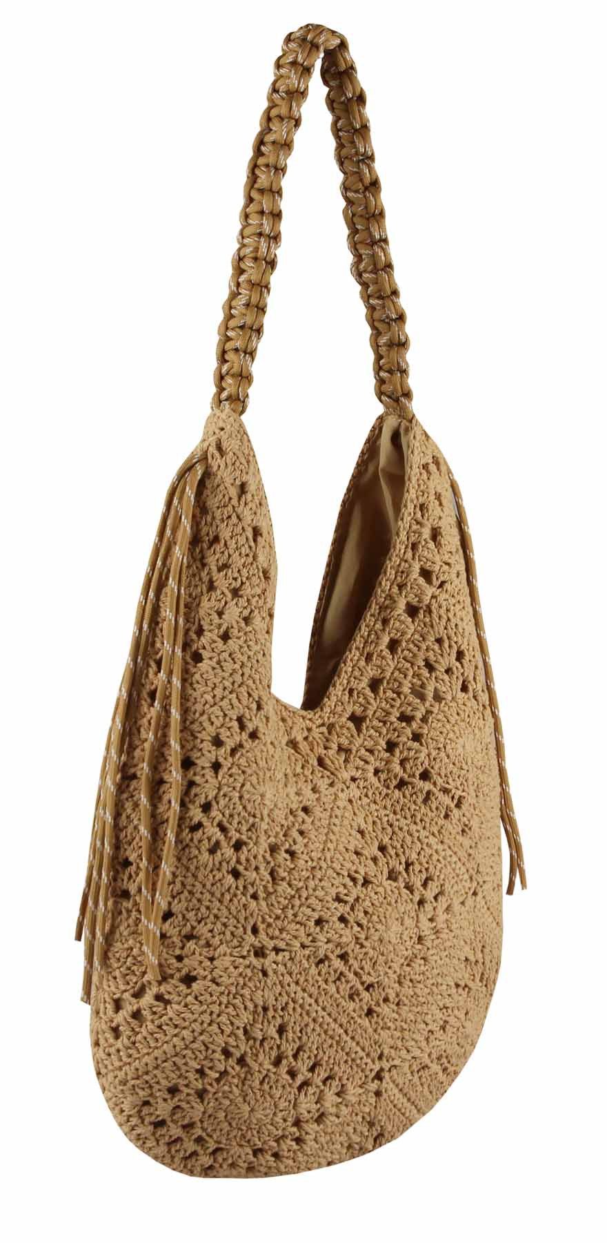 ITALYSHOP24 Schultertasche DAMEN TASCHE Häkeltasche Boho Shopper Strohtasche Hobo Geflecht Textil, Sommer Basttasche Strand Retro Reise Freizeit Urlaub Beuteltasche