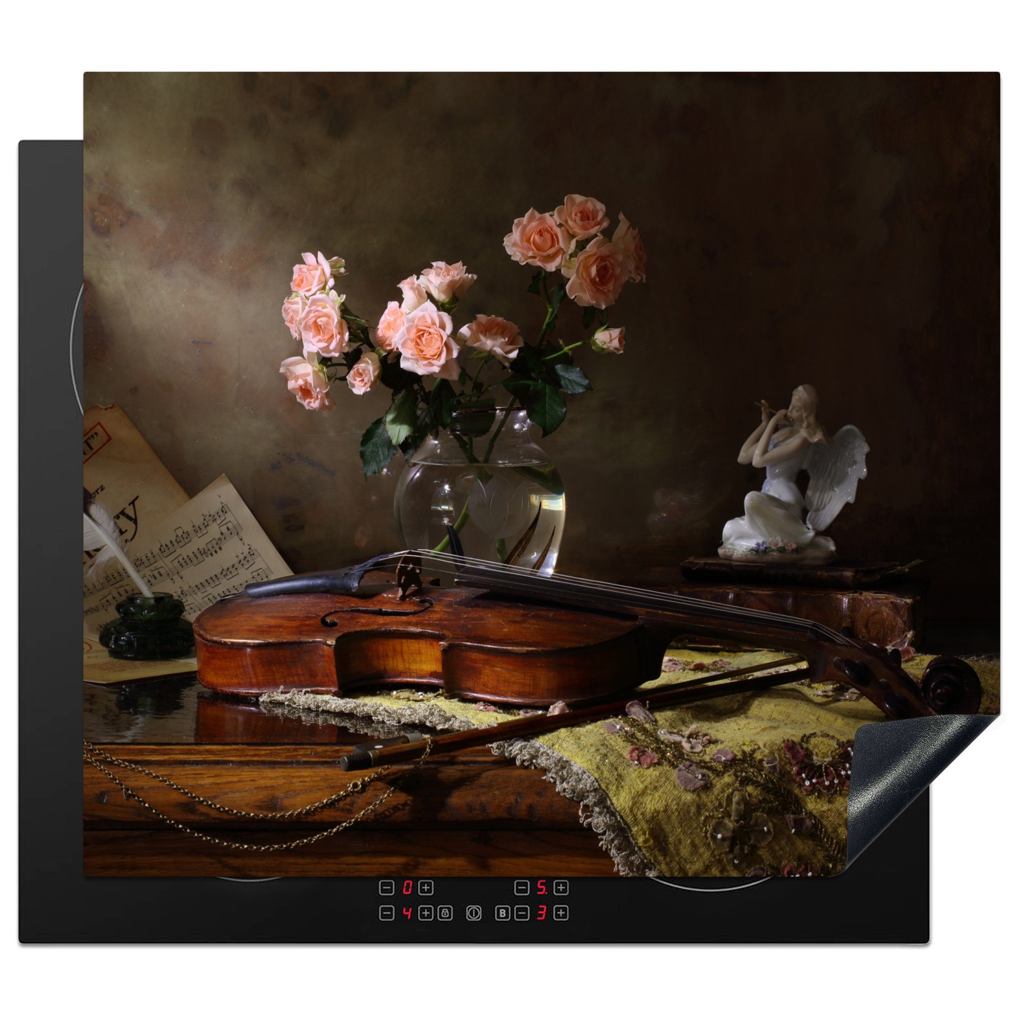 Rosen tlg), Küchen - - Violine Dekoration (1 Vinyl, Induktionskochfeld 58x51 cm, Rosa Stilleben, Induktionsherd, Blumen für - Herdblende-/Abdeckplatte MuchoWow -