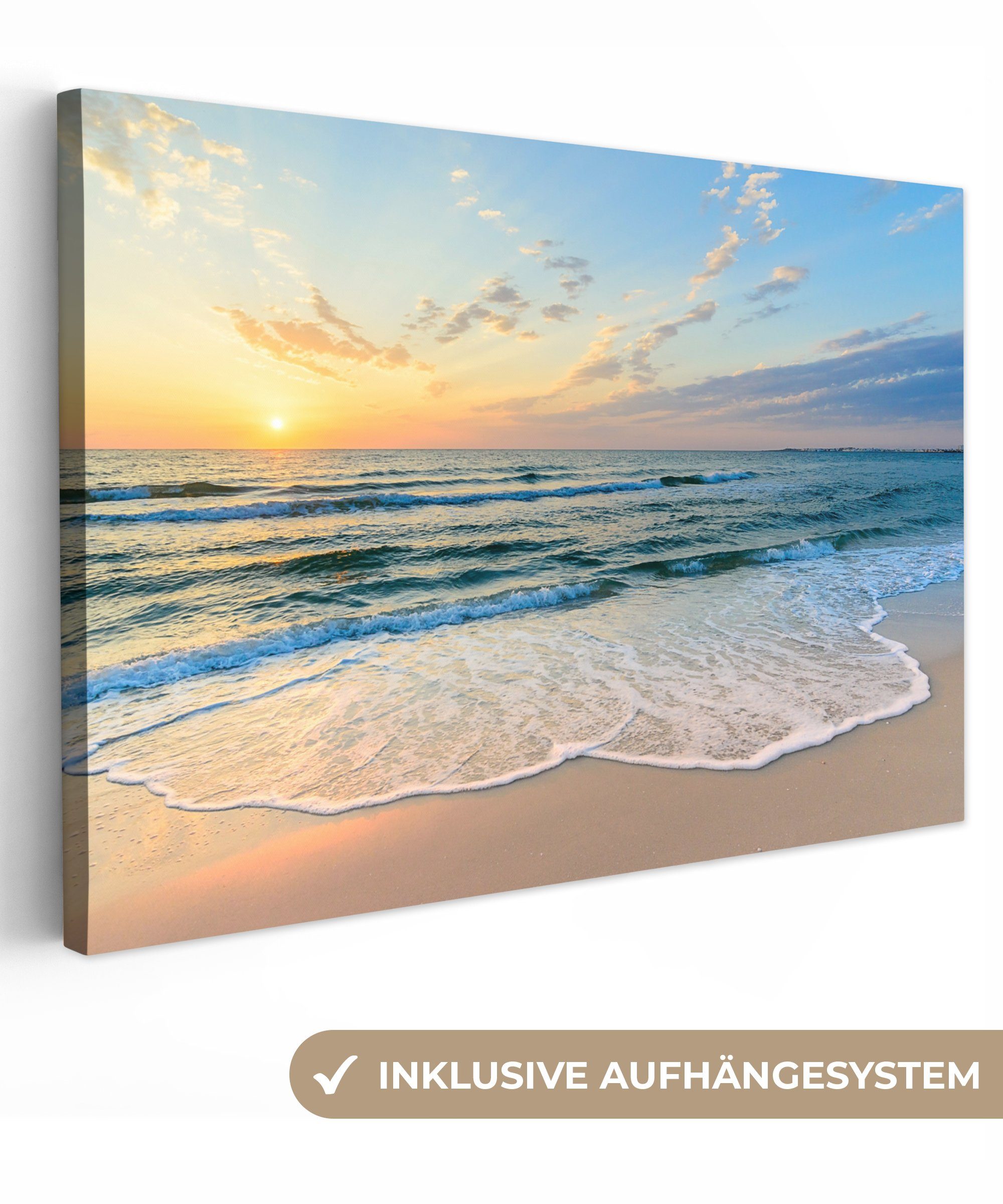 OneMillionCanvasses® Leinwandbild Strand - Meer - Sonnenuntergang - Golf, (1 St), Wandbild für alle Wohnbereiche, Gemälde, XXL, großes, 120x80 cm