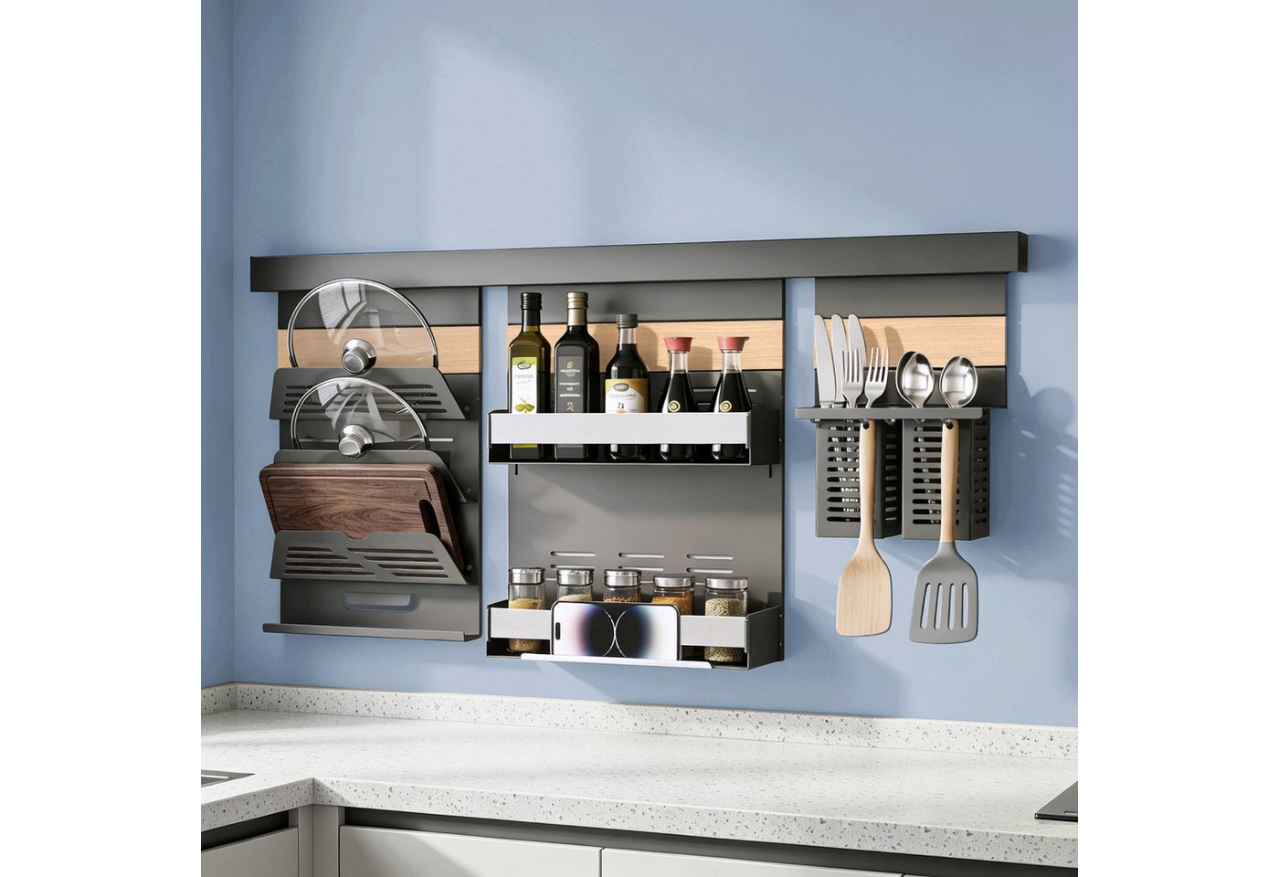 doporro Küchenregal Küchenorganizer-set Multifunktional aus Metall Wandmontage 52/82cm, 52-cm-Schiene trägt bis zu 10.5kg, 82-cm-Schiene trägt bis zu 15kg