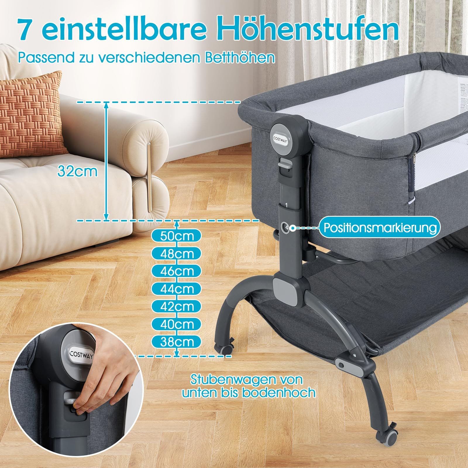 COSTWAY Beistellbett, 3in1 Babywiege, Stubenwagen, 7 günstig online kaufen