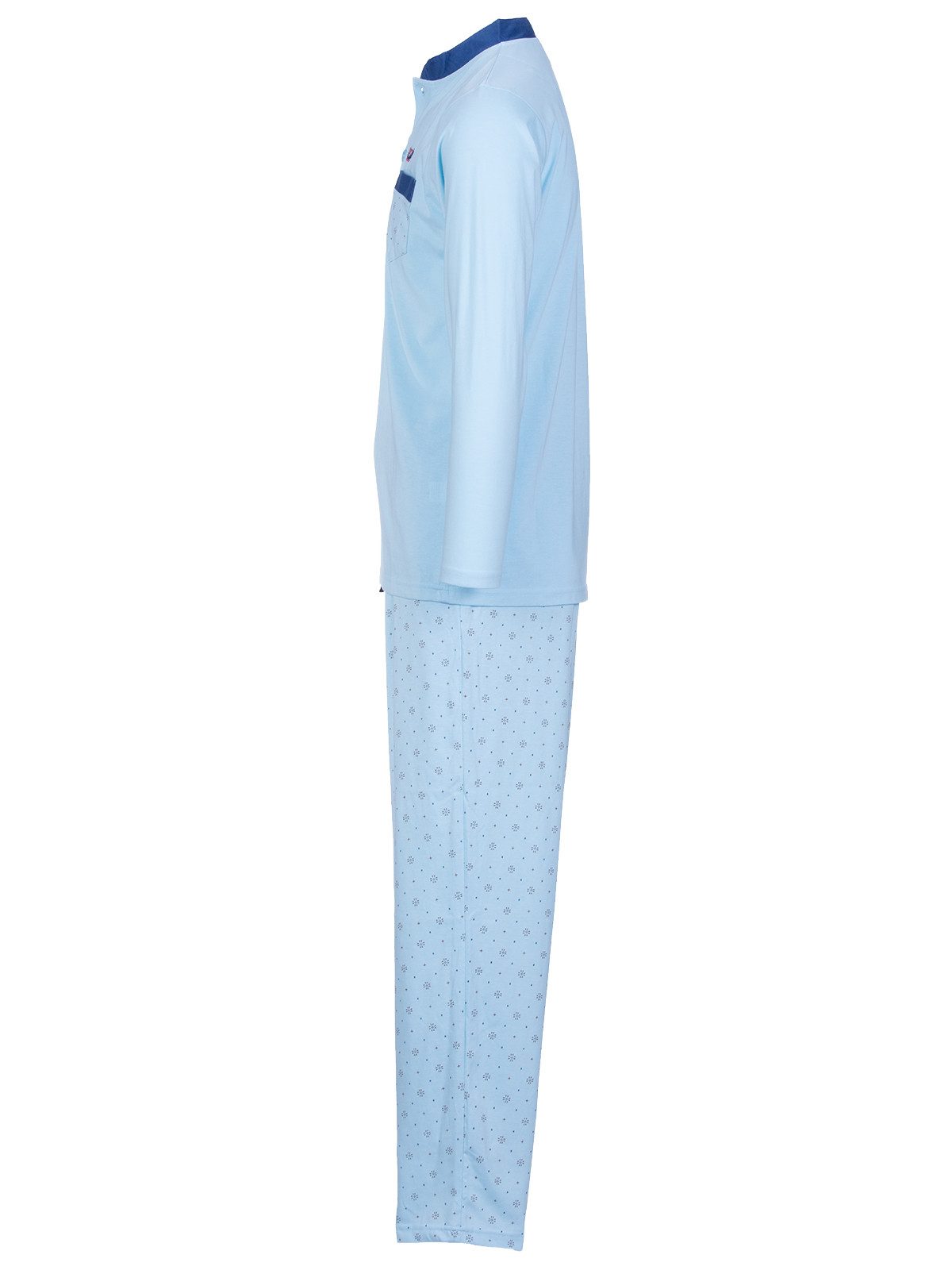 Henry Terre Pyjama Bruno Langarm- Stehkragen Shirt Uni gemusterte Hose Brusttasche – Bild 5 von 5