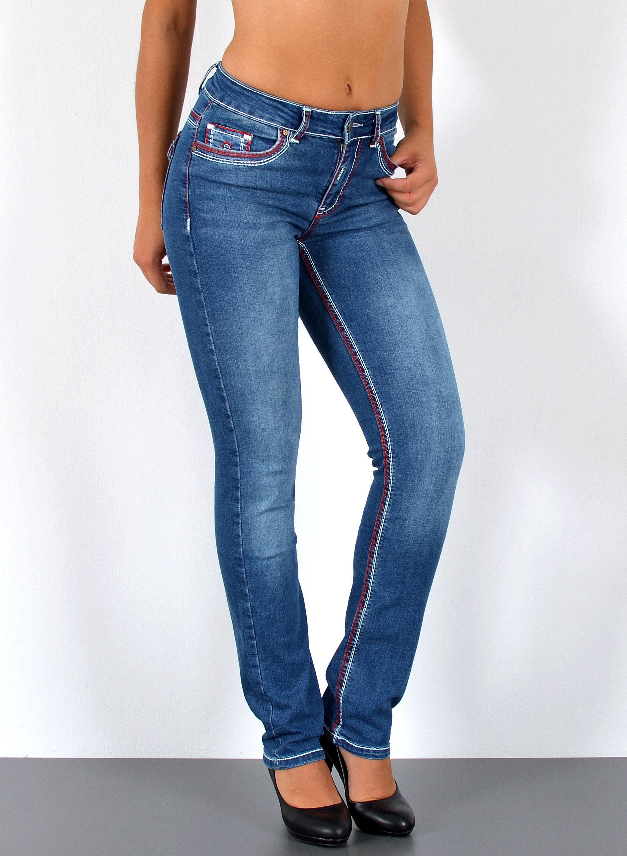 ESRA Straight-Jeans Damen Jeanshose weiße Naht hohe Leibhöhe Stretch Jeans Straight G12 High Waist Jeans Damen Straight Hose mit dicker Naht bis Übergröße
