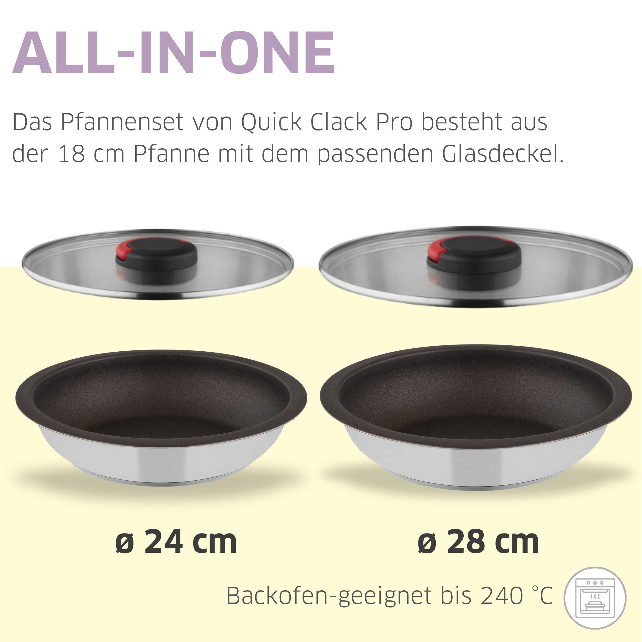 Kuppels Pfannen-Set QUICK CLACK PRO, 18/10 (5-tlg., vielfach kombinierbar), besonders platzsparend, abnehmbare Griffe
