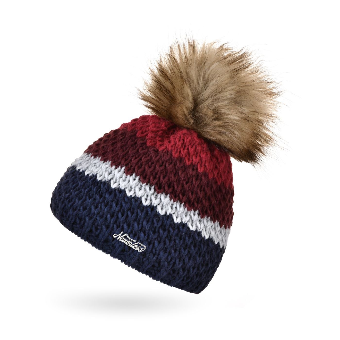 Bommelmütze Damen Strick-Mütze gefüttert Fleece-Innenfutter Fell-Bommel Kunstfell