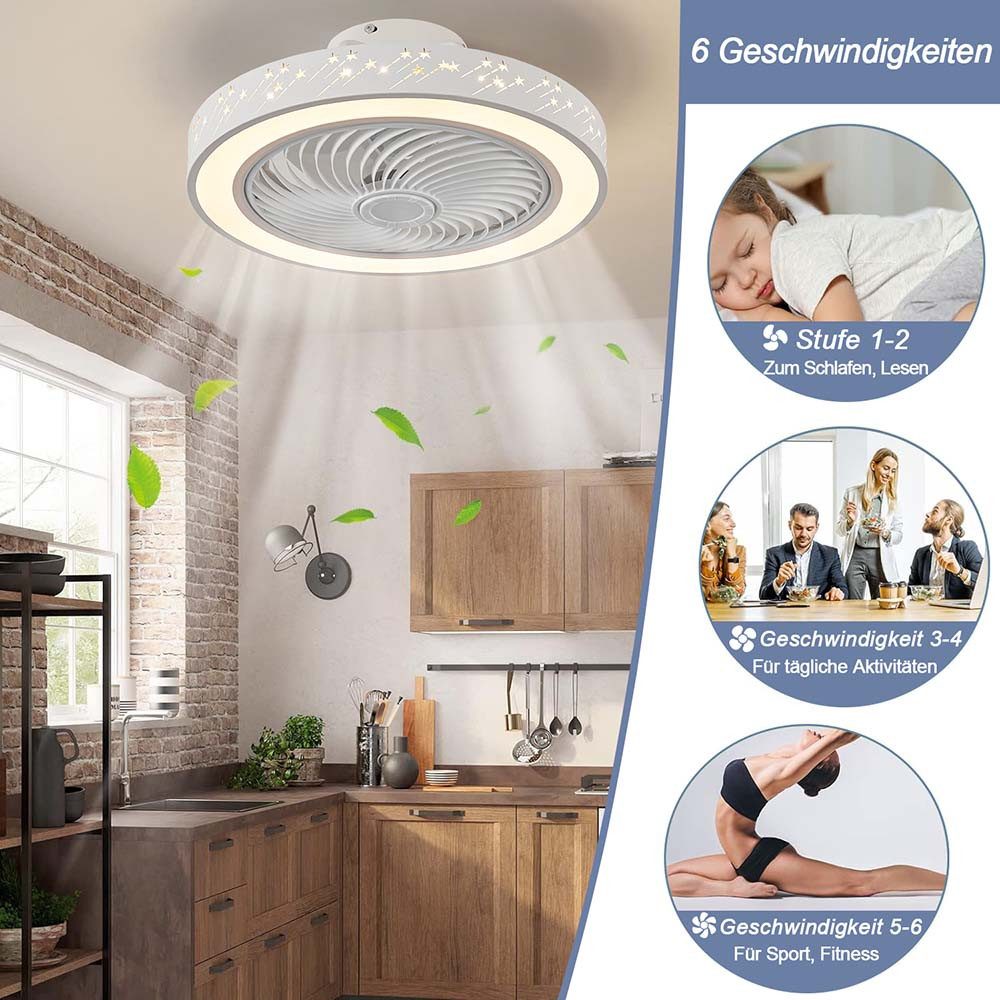 Jibenhome Deckenventilator Moderne Ventilatorbeleuchtung Dimmbar, 6 Windgeschwindigkeiten, Timer, 3 Farben mit Fernbedienung & APP, Sternförmiges Design