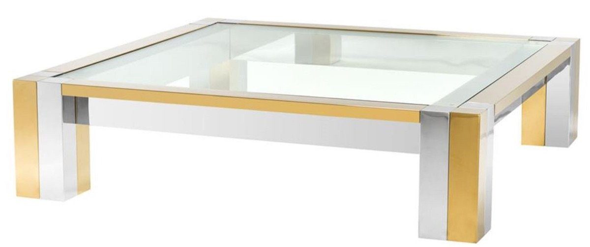 Casa Padrino Couchtisch Luxus Edelstahl Couchtisch Silber / Gold 120 x 120 x H. 30 cm - Designer Wohnzimmertisch mit Glasplatte