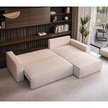 Beautysofa Ecksofa Elias L, Polstersofa aus Cordstoff, Polsterecke mit Schlaffunktion, Bettkasten, Wellenfedern, Wohnzimmer