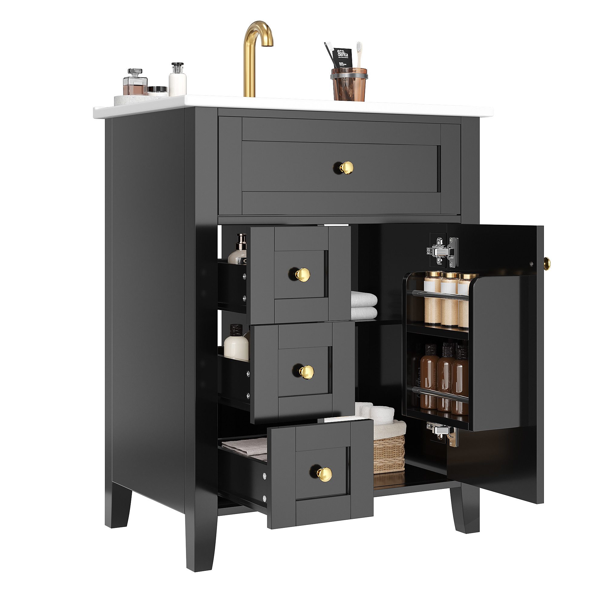 Merax Waschtisch mit Waschbecken, Waschbeckenunterschrank freistehend Badezimmerschrank (1-St., 61 × 47 × 86 cm), Badmöbel-Set mit 1 Tür, Klappschublade, 3 Auszugschubladen & Stauraum