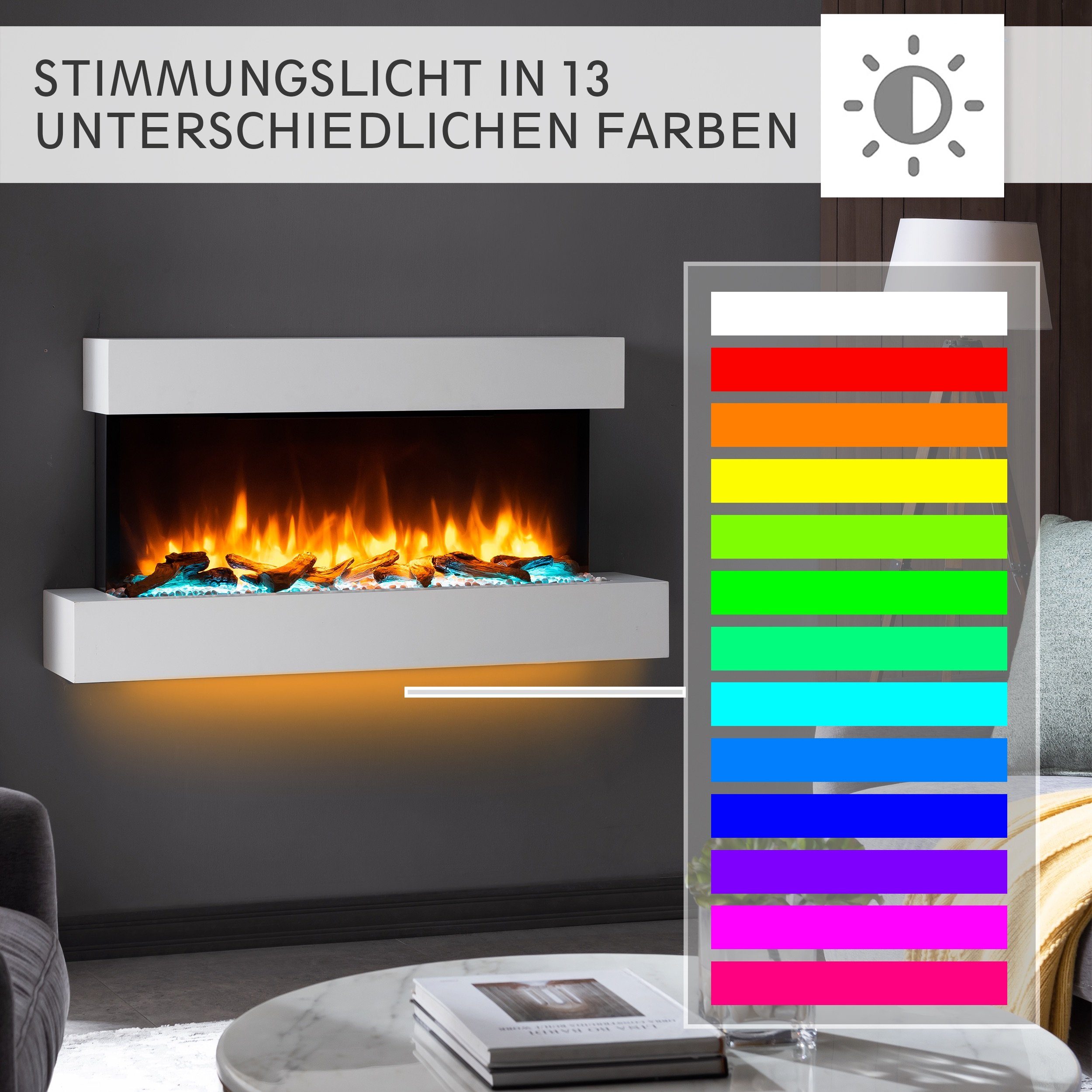 Heizung Timer, 3D-Flammeneffekt, Wandkamin mit Fernbedienung, Ignis, Elektrokamin 2000W, LED-Beleuchtung, Weiß RICHEN Thermostat