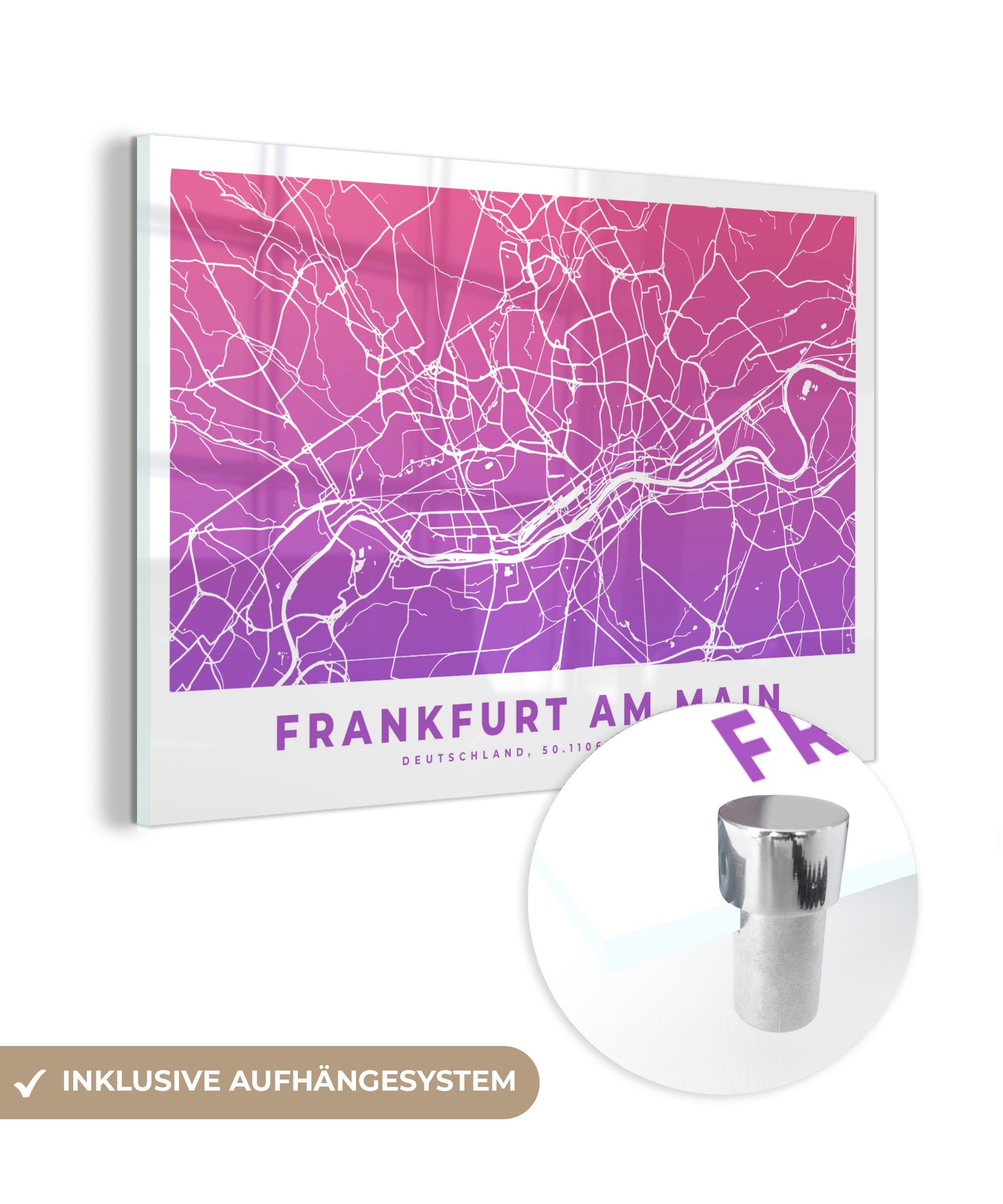 MuchoWow Acrylglasbild Frankfurt - Stadtplan - Deutschland, (1 St), Acrylglasbilder Wohnzimmer & Schlafzimmer