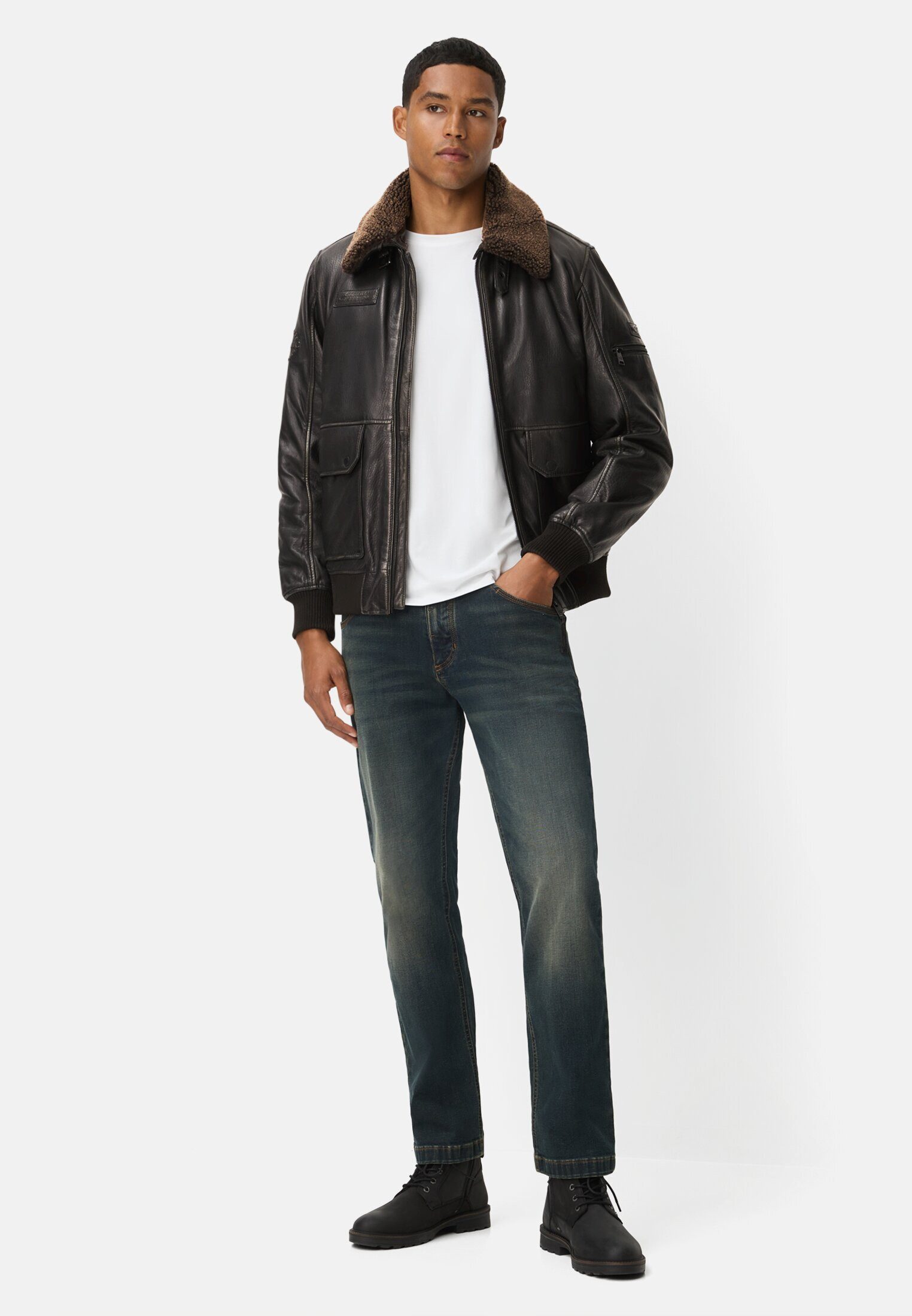 camel active Lederjacke mit Innentaschen Langarm