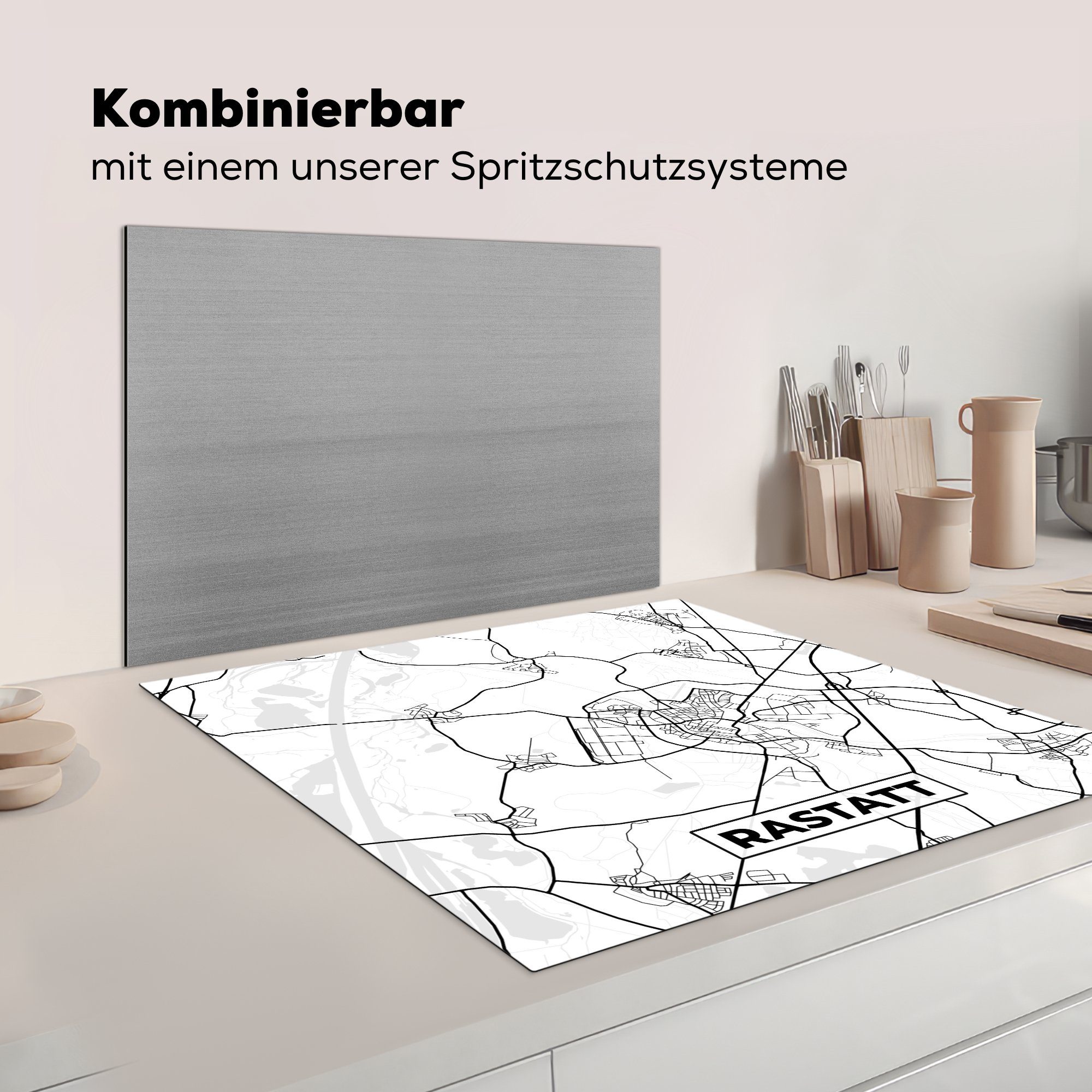 (1 für Karte - Ceranfeldabdeckung, tlg), - Stadtplan, cm, Arbeitsplatte Herdblende-/Abdeckplatte 78x78 Vinyl, Rastatt küche MuchoWow