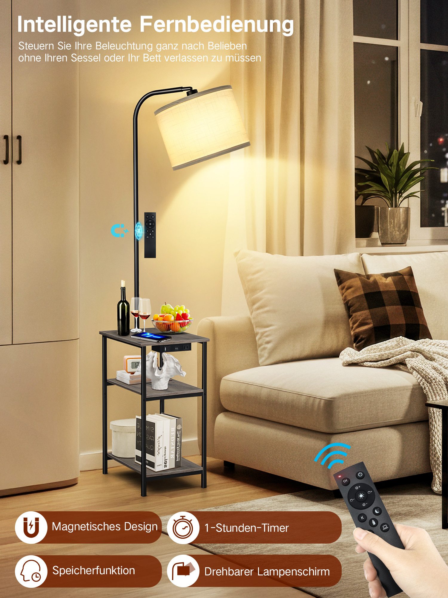 OUTON Stehlampe LED-Tisch mit 2 Stoffschubladen/3 Ablagen & USB – Bild 5 von 5