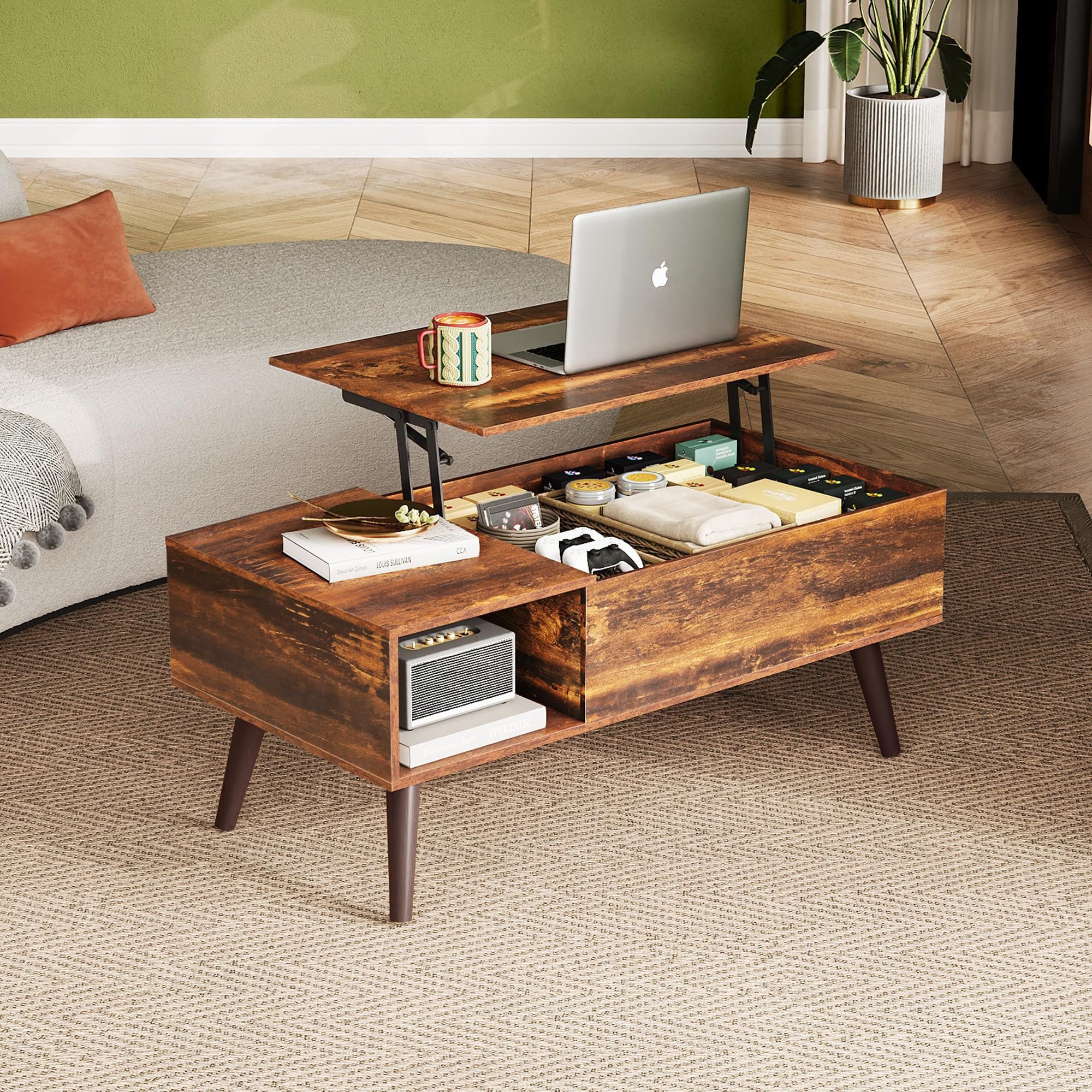 WLIVE Couchtisch höhenverstellbar mit Stauraum, Lift-Top Wohnzimmertisch 100×50×41-57cm (Packung, Lift-Top-Design), Holzoptik & Metallrahmen, für Wohnzimmer Büro