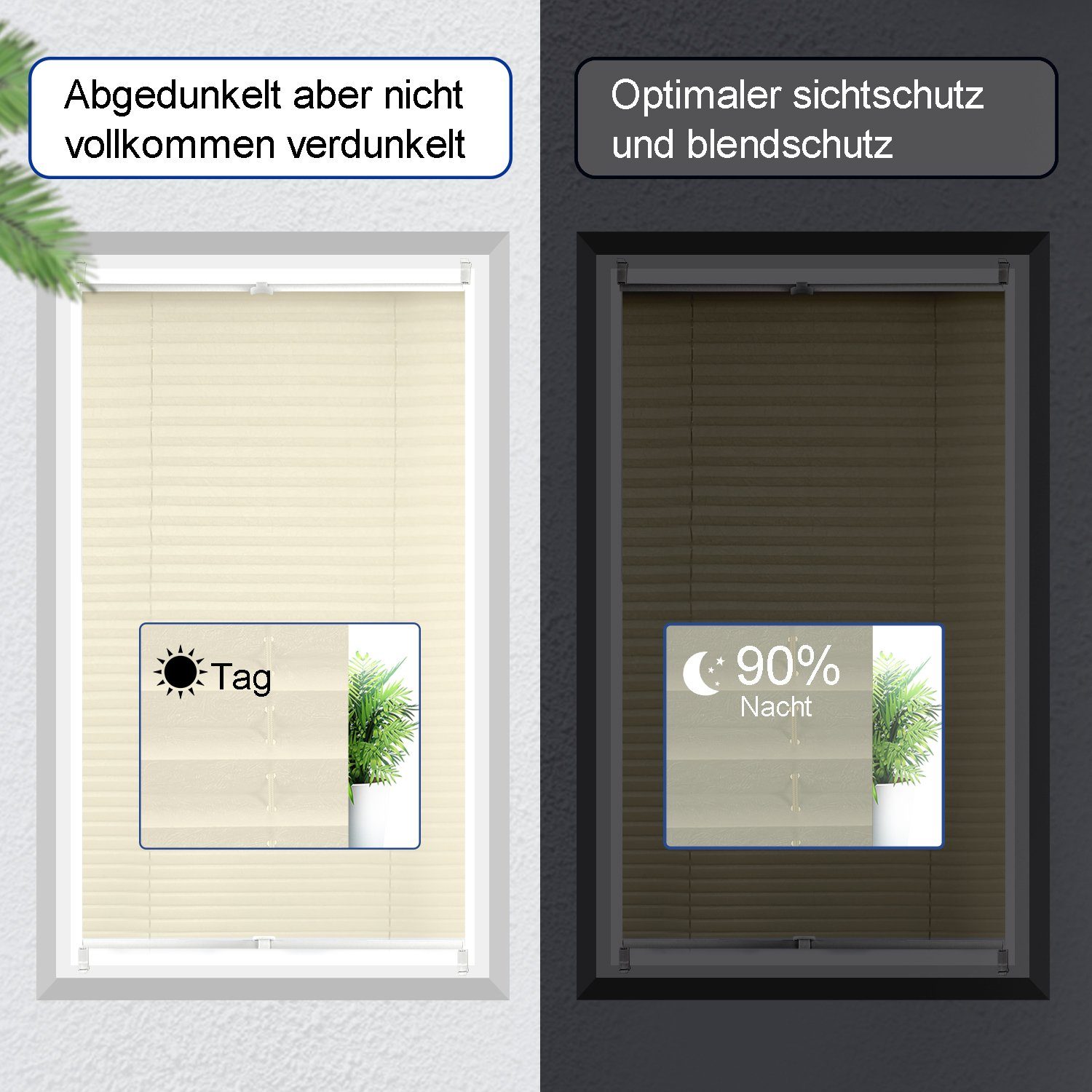 Faltrollo mit Plissee Vkele, Beige Klemmträger, Einfach Ohne Bohren,Klemmfix,Weiß, und Sonnenschutz Sichtschutz Montage, Klemmträger Easyfix