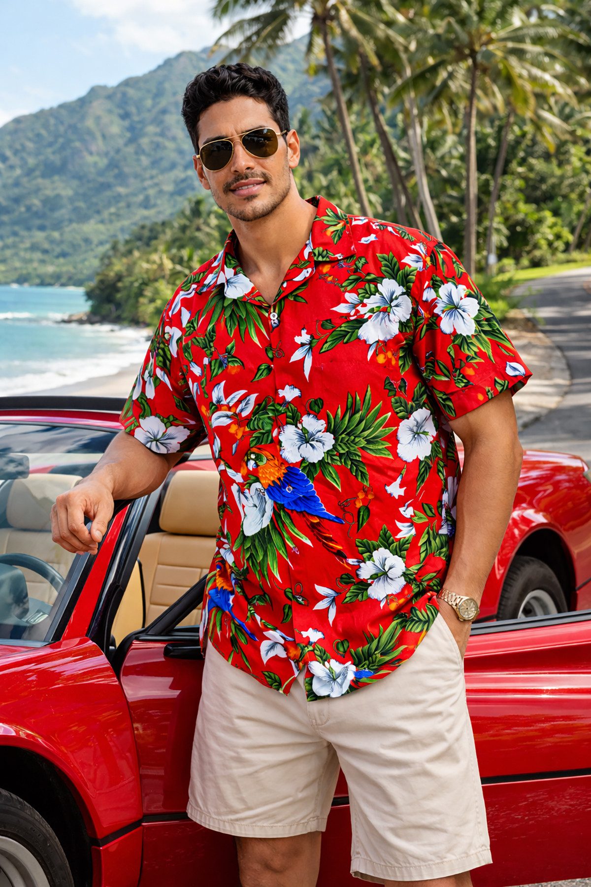 King Kameha Hawaiihemd Cherry Parrot Funky Hawaii-Hemd Herren Kurzarm Front-Tasche Sommerhemd