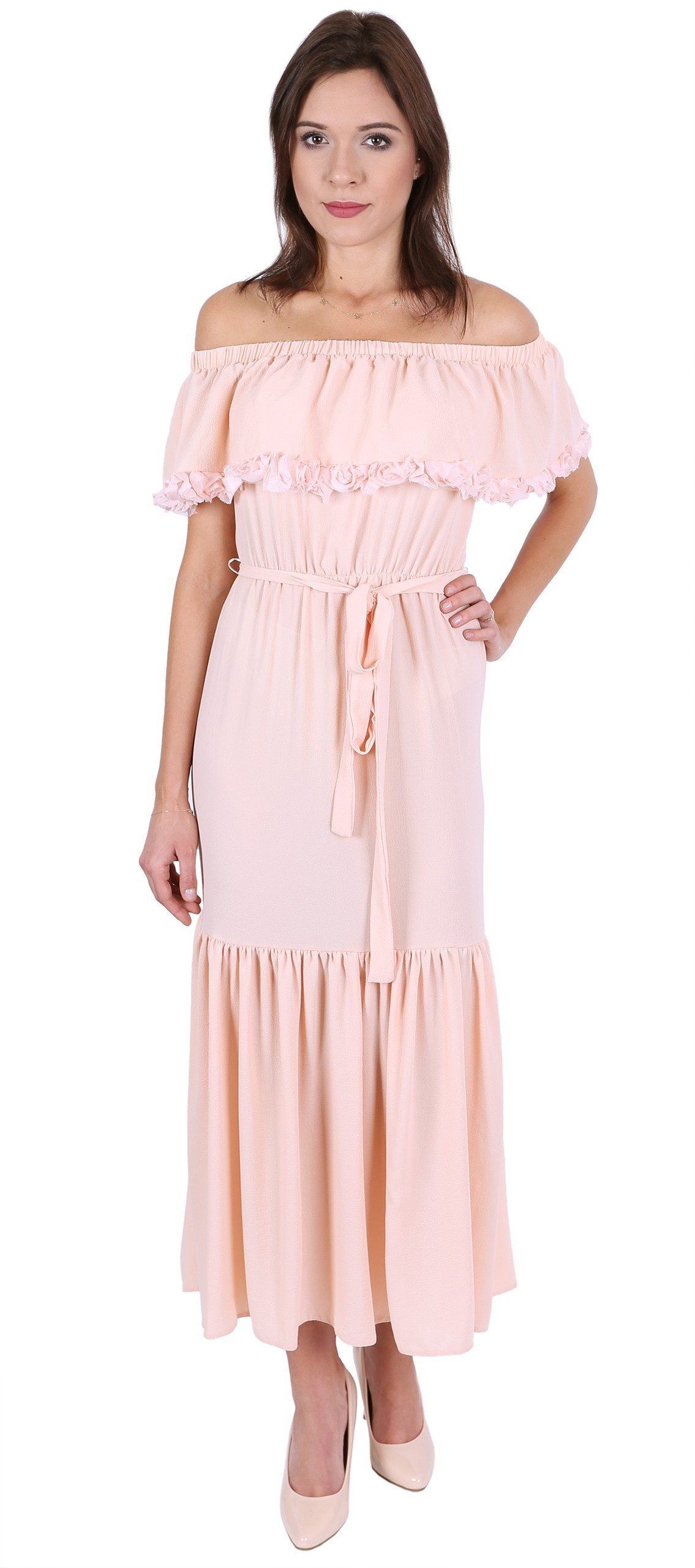 Sarcia.eu Maxikleid John Zack Pfirsichfarbenes Maxikleid Bardot-Ausschnitt L