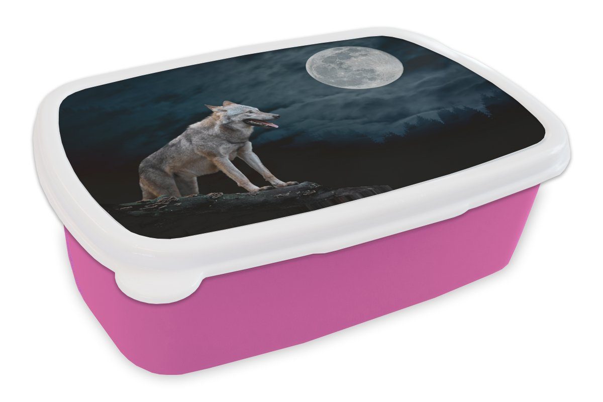 MuchoWow Lunchbox Wolf - Mond - Nacht - Tiere - Porträt, Kunststoff, (2-tlg), Brotbox für Erwachsene, Brotdose Kinder, Snackbox, Mädchen, Kunststoff rosa