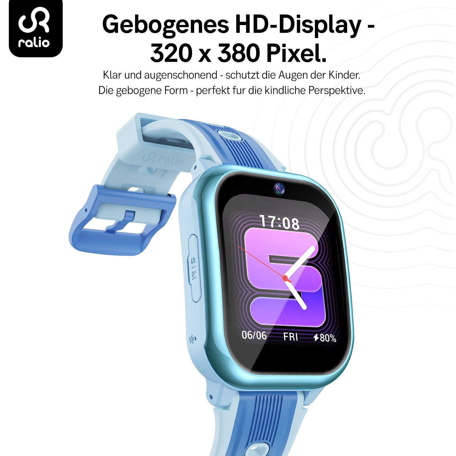 Ralio R5 Plus 4G Smartwatch Kinder, Kinderuhr mit gebogenes Ultra-HD-Display Smartwatch (gebogenes Ultra-HD-Display cm/1.7 Zoll) 3 Tage Akkulaufzeit, GPS-Ortung, Kinderuhr mit HD-Videoanrufen, Schulmodus, SOS, Familien-Gruppenchat und mehr, Zwei Armbänder