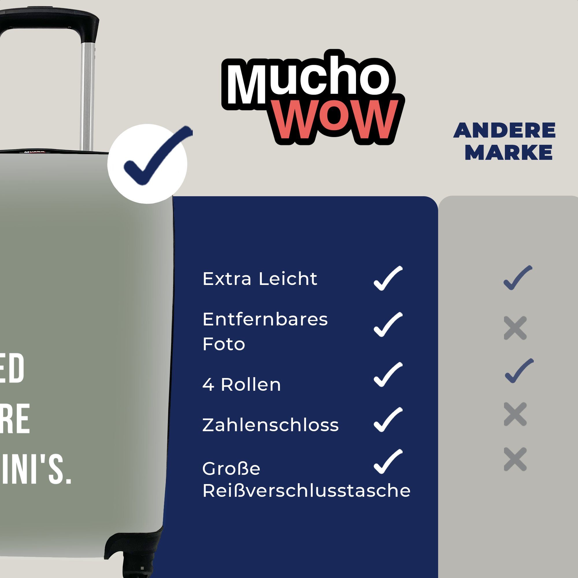 Trolley, Ich - brauche Rollen, Reisekoffer rollen, - mehr Bikinis 4 Reisetasche Grün, für mit MuchoWow Zitat Handgepäckkoffer Ferien, Handgepäck