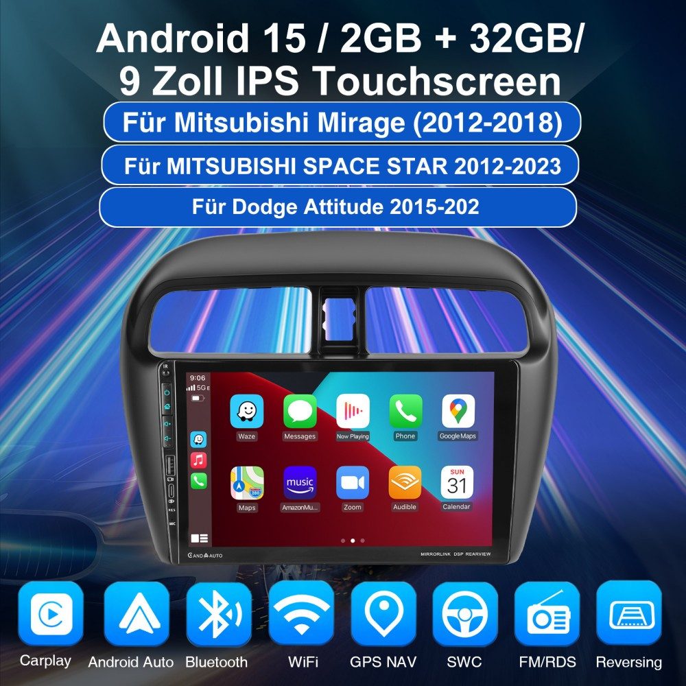 ESSGOO 9" Autoradio Für Mitsubishi Mirage Space Star Navi Carplay Autoradio (RDS, Digitalradio (DAB), FM, AM)
