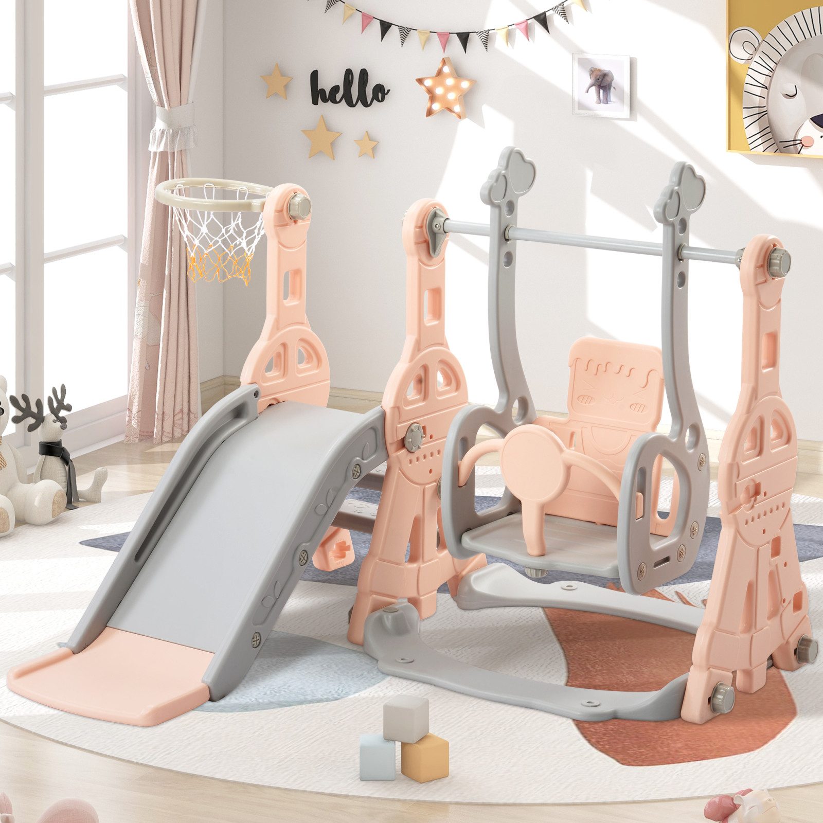 zebery Rutsche Kinderrutsche 4-in-1 Rutschen,Gartenrutsche mit Schaukel, Rosa Kleinkinderrutsche,Kletterleitern,Schaukeln, Basketballkörbe