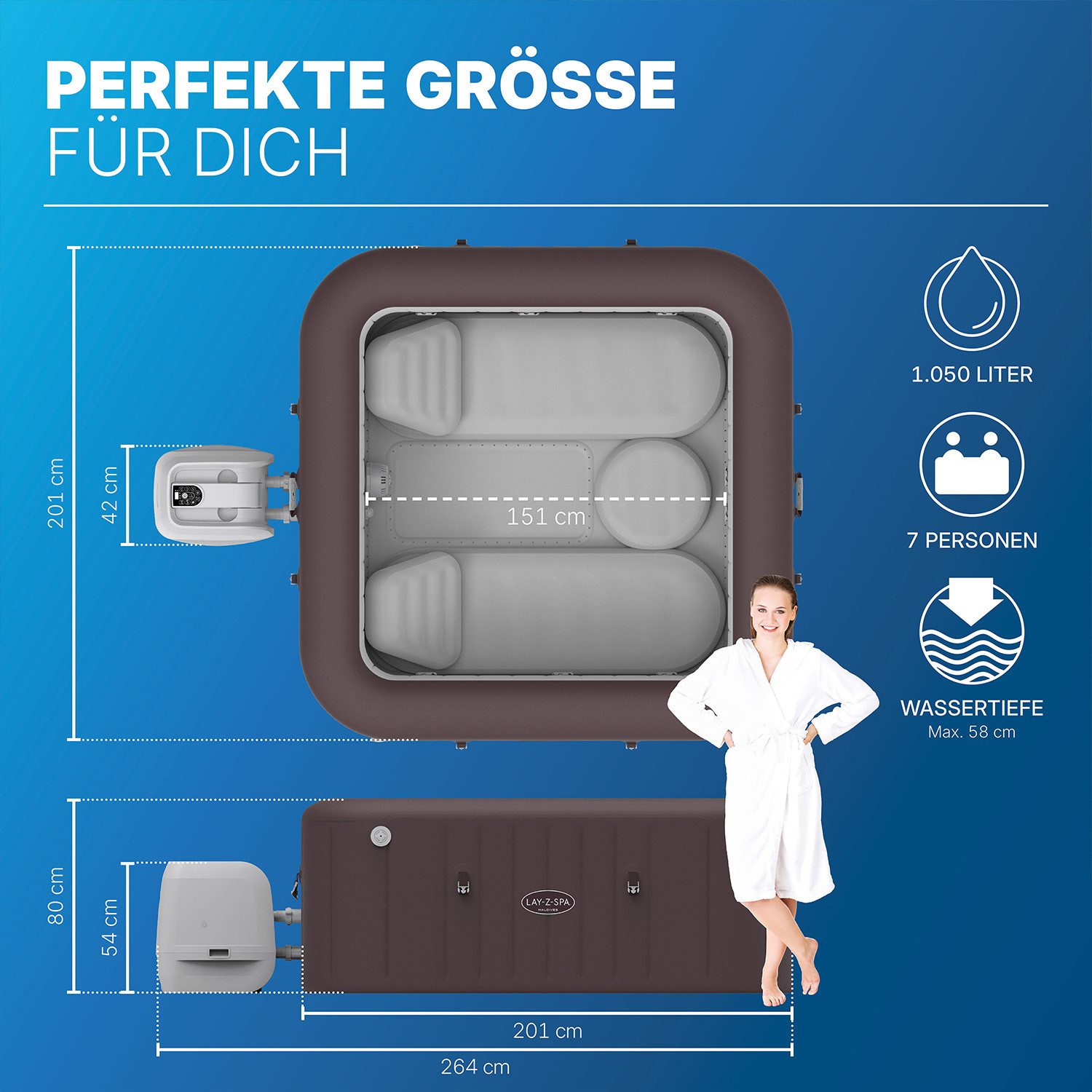 Bestway Whirlpool LAY-Z-SPA Maldives HydroJet Pro, Aufstellbecken, (Set, Inkl. App-Steuerung, für max. 7 Personen), 201 x 201 x 80 cm