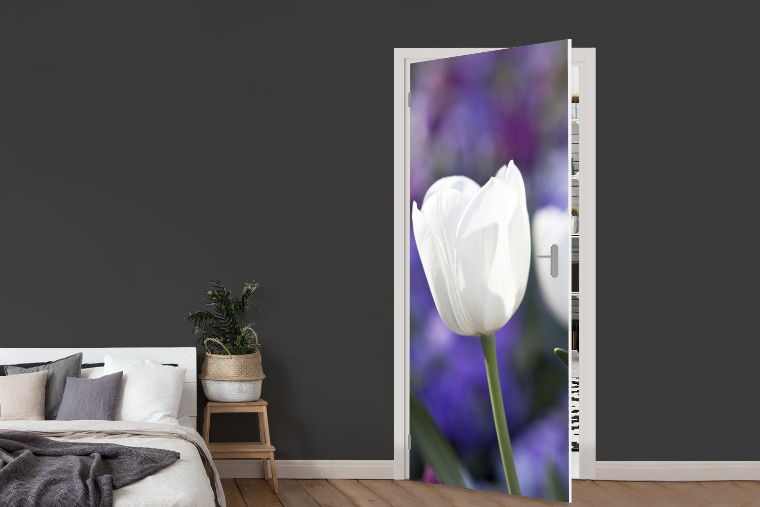 MuchoWow cm Tür, (1 für weißen der Tulpe, St), bedruckt, Türaufkleber, 75x205 Türtapete Fototapete Matt, einer Nahaufnahme weißen Blätter