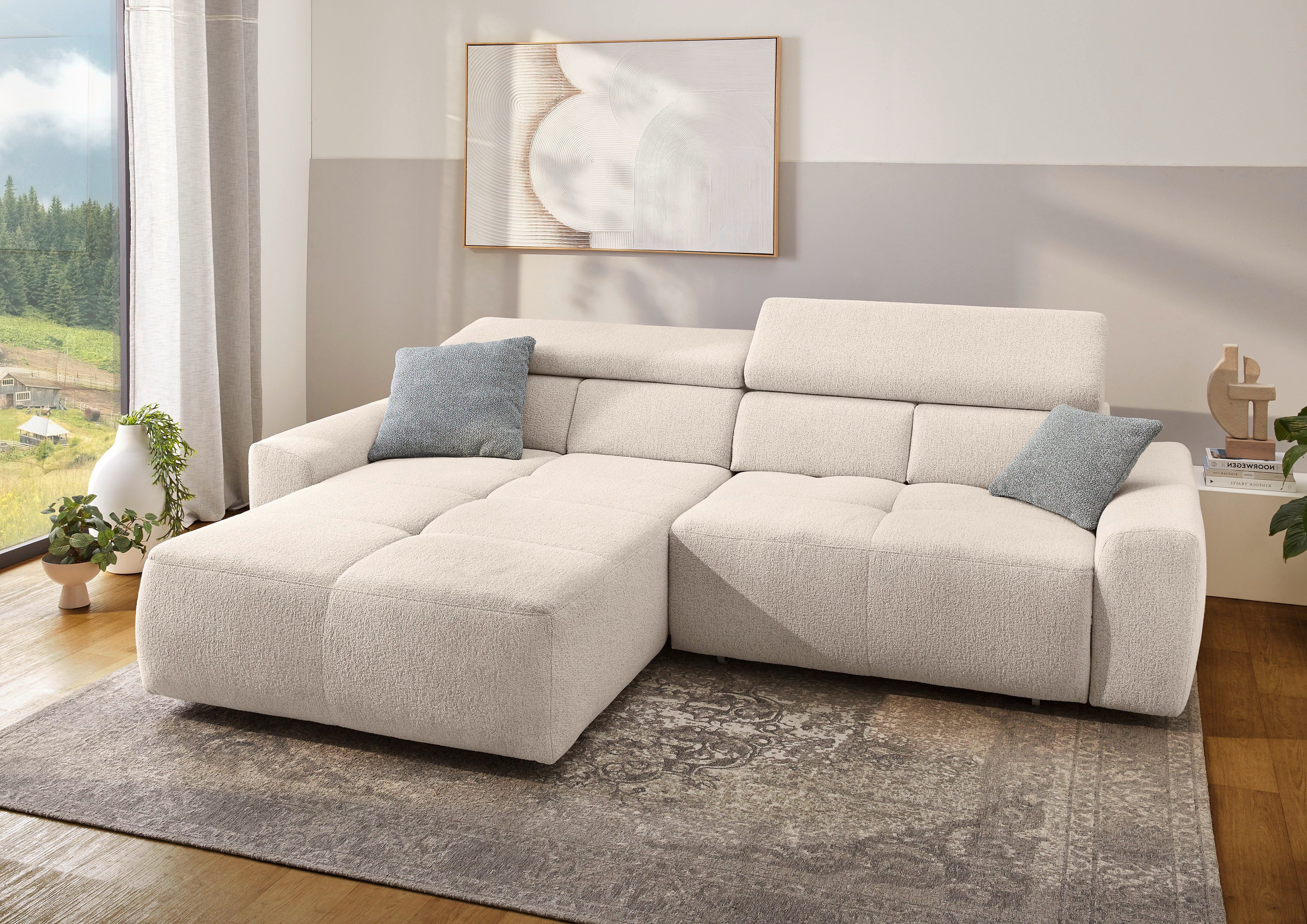 Jockenhöfer Gruppe Ecksofa Unos L-Form, B: 299 cm, mit 60 cm elektr. Sitztiefenverstellung, 140kg Belastbarkeit, USB-Anschluss, Kopfteilverstellung & Zierkissen