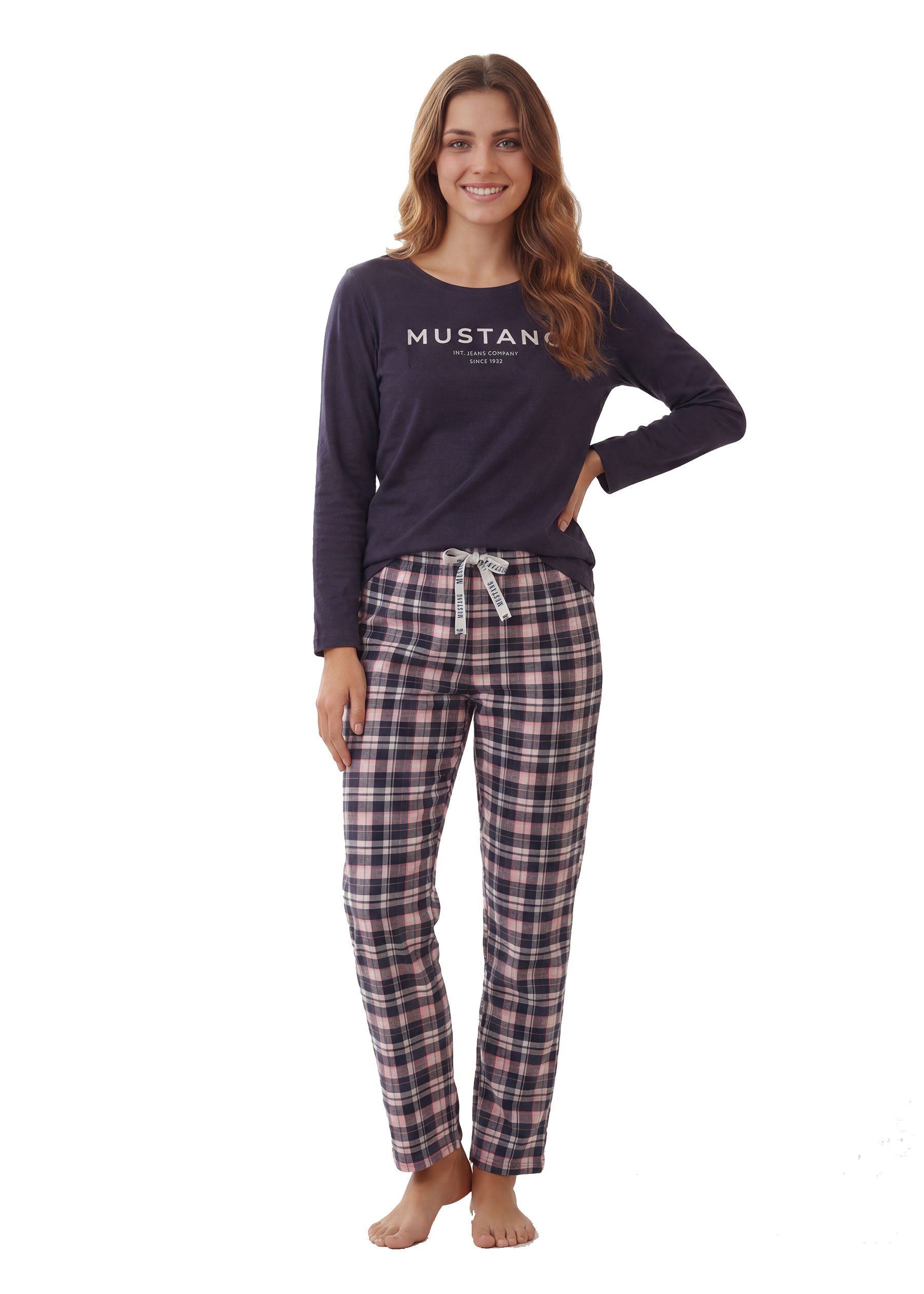 MUSTANG Schlafanzug IDA (2 tlg) Oberteil einfarbig dunkelblau, Hose Allover gemustert dunkelblau/rose