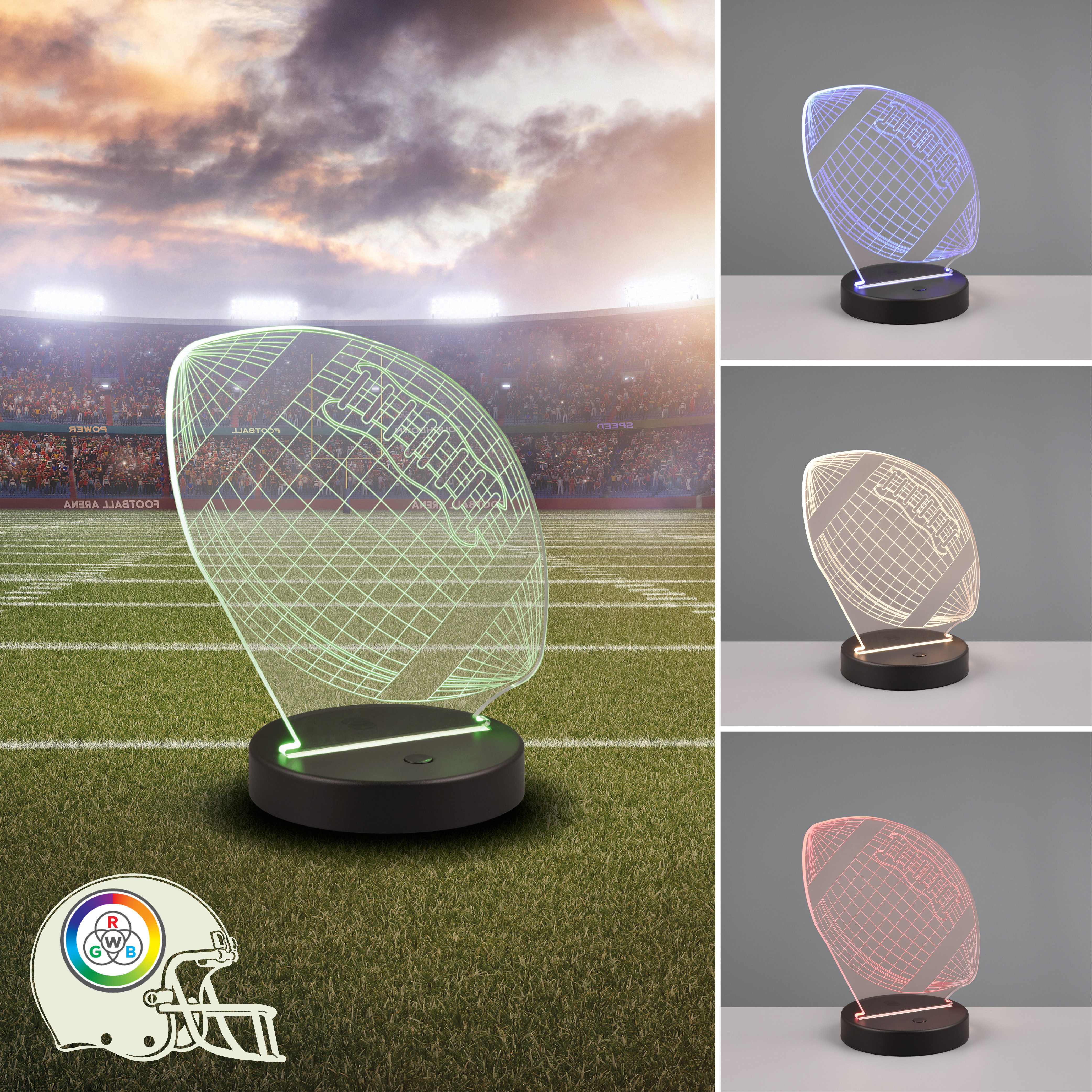 Reality Leuchten LED Tischleuchte FOOTBALL, Tischlampe in Football Form mit 3D-Effekt, Acryl, Höhe 22cm, Ein-/Ausschalter, Farbwechsel, LED fest integriert, RGB, Warmweiß, 3,2W LED, RGB Farbwechsel Modus, 250 Lumen 3000K warmweiß, Base Ø 12cm