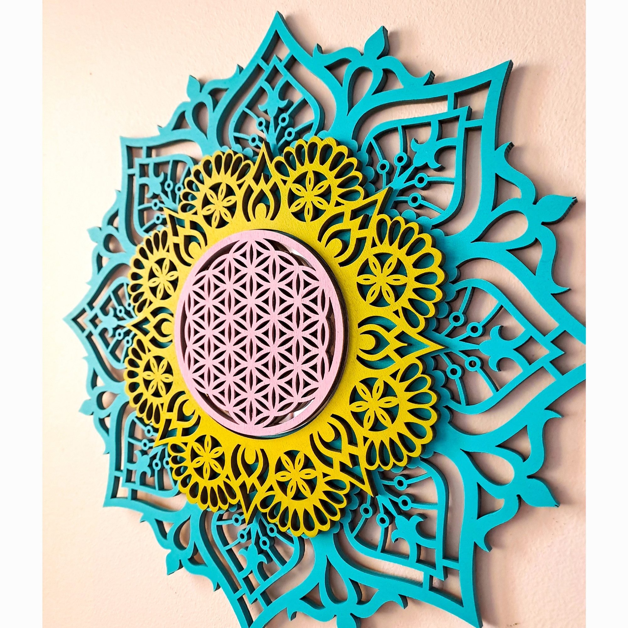 ORNAMENTI Wanddekoobjekt 3D MANDALA, Grosse moderne boho Wanddeko, Holz, 3 Schichten, Spiegel (moderne Deko Anhanger, Yoga Wandsculptur, Holzbild, stilvolle Wanddekoration, Wandpaneel, Ornament, geschnitz Wandrelief), Verzierung fur Zuhause, Wohnzimmer, Schlafzimmer, Wandkunst, 5 Größen