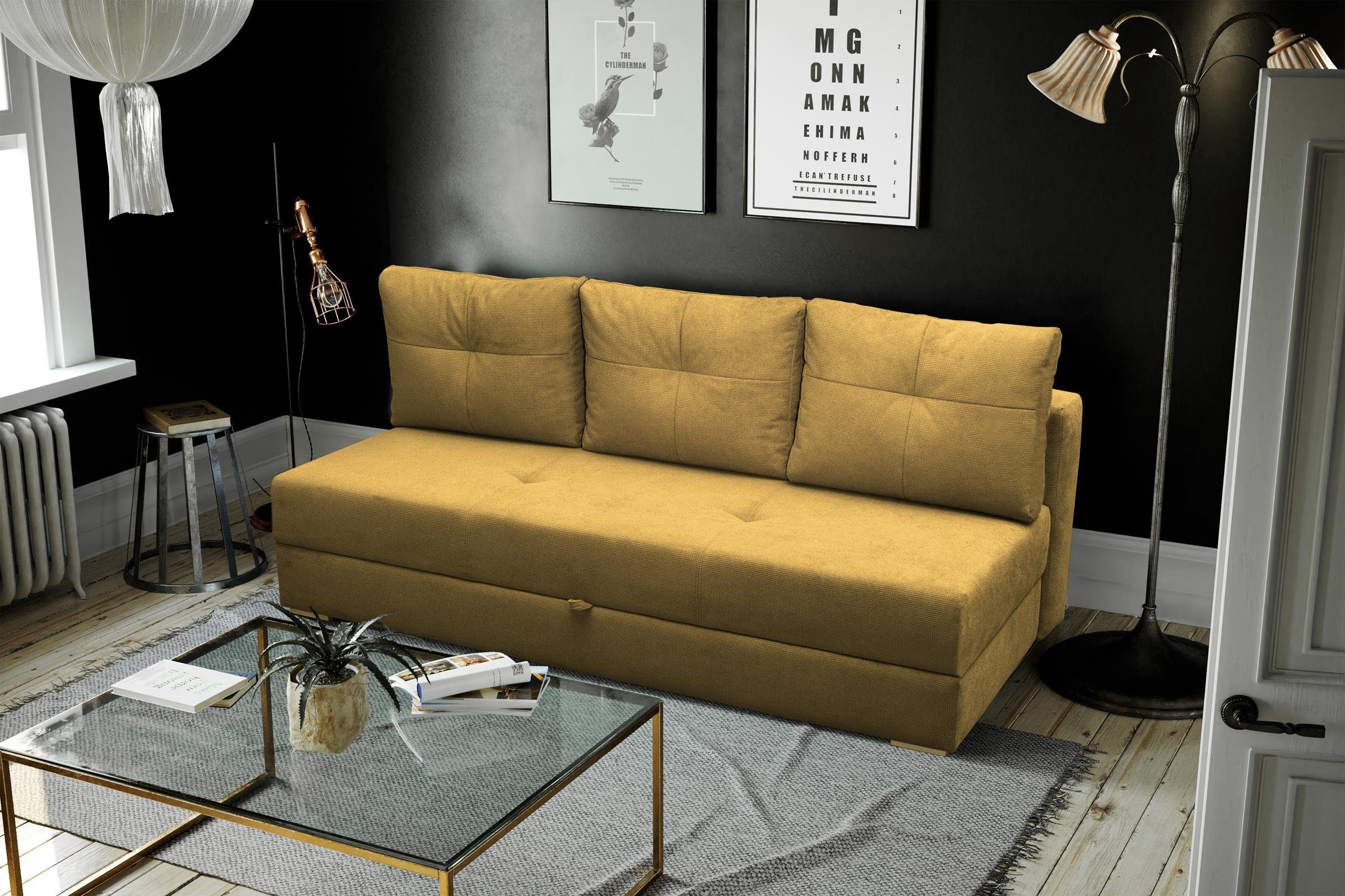 Bettkasten, Sofa Couch, 3-Sitzer (vardo Dafne, 68) Schlaffunktion, Beautysofa Schlafsofa, mit gelb