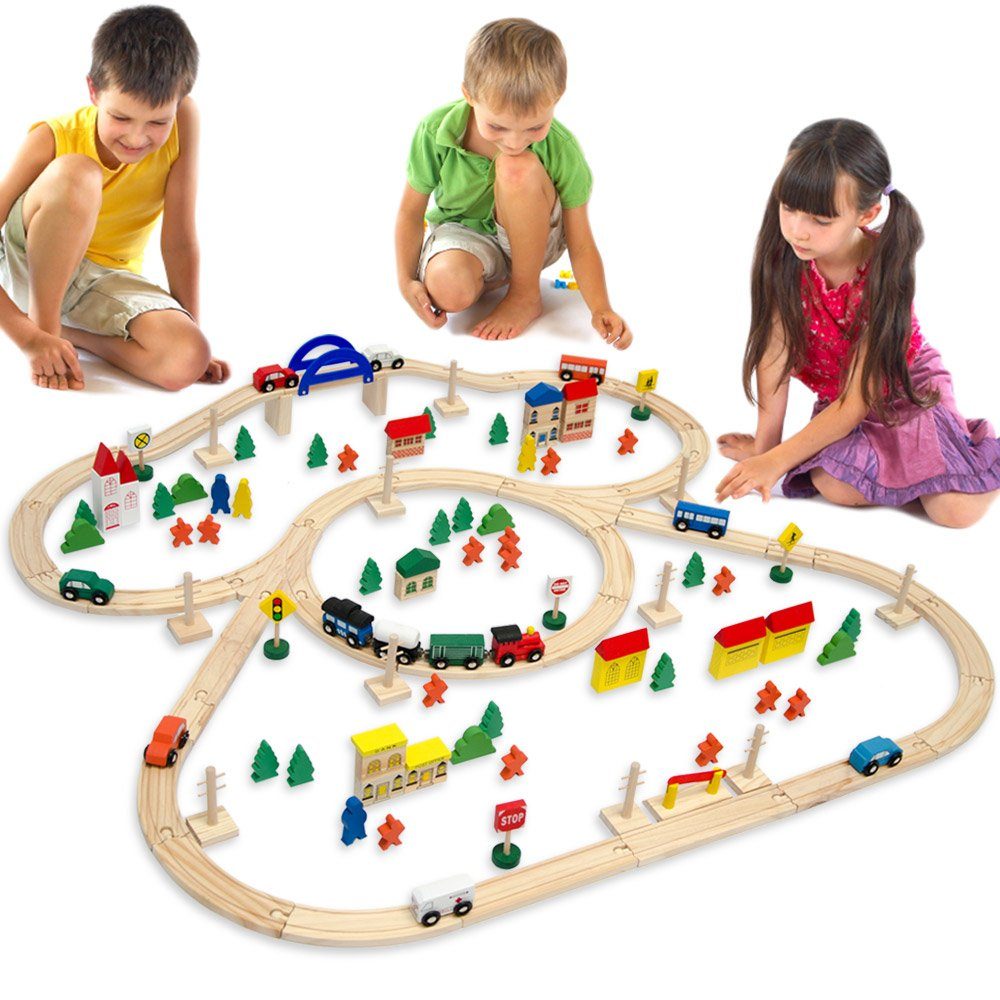 LittleTom Spielzeug-Eisenbahn 130 Teile XXL Holzeisenbahn Set 5m Schienen H günstig online kaufen