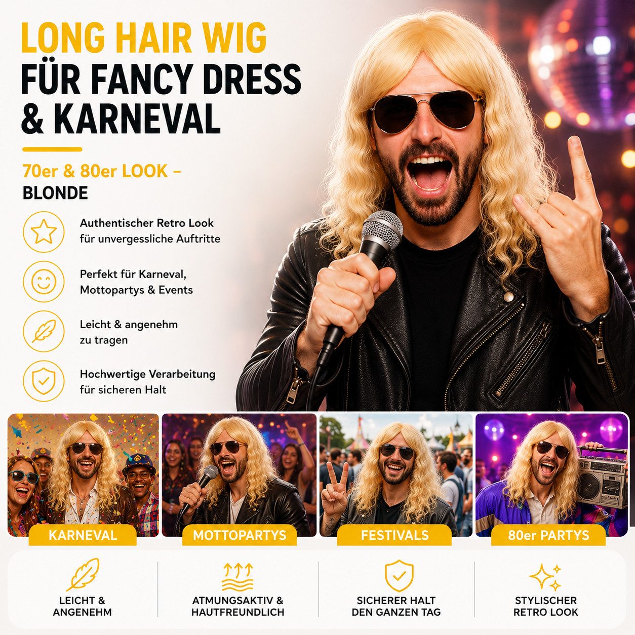 TK Gruppe Kostüm-Perücke Langhaarperücke Perücke Wig – 70er & 80er Jahre – Fasching & Karneval