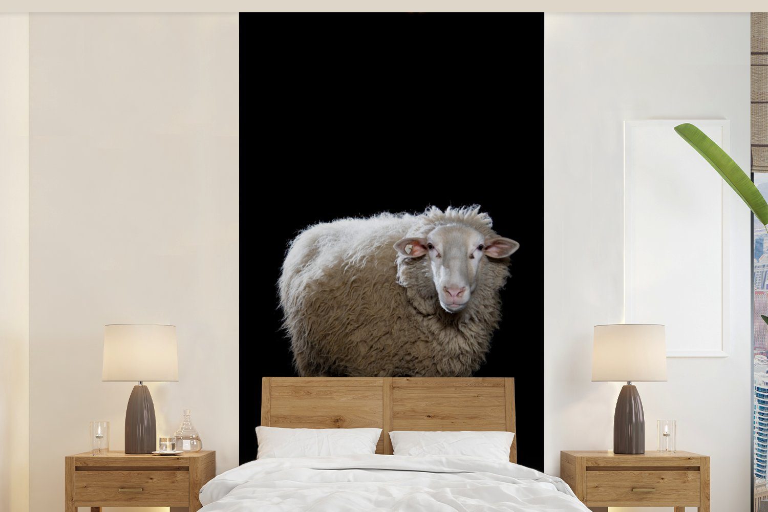 MuchoWow Fototapete Schafe - Nutztiere - Schwarz, Matt, bedruckt, (2 St), Vliestapete für Wohnzimmer Schlafzimmer Küche, Fototapete