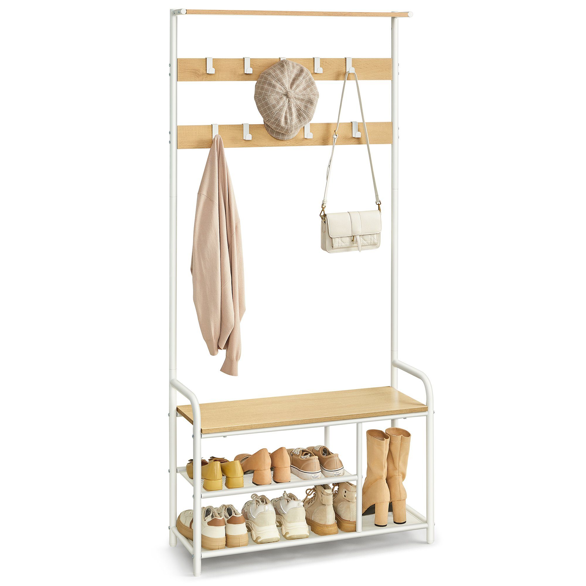 VASAGLE Garderobenständer Garderobe, mit Schuhregal, 85 x 30 x 180,5 cm Eichenfarben-Weiß