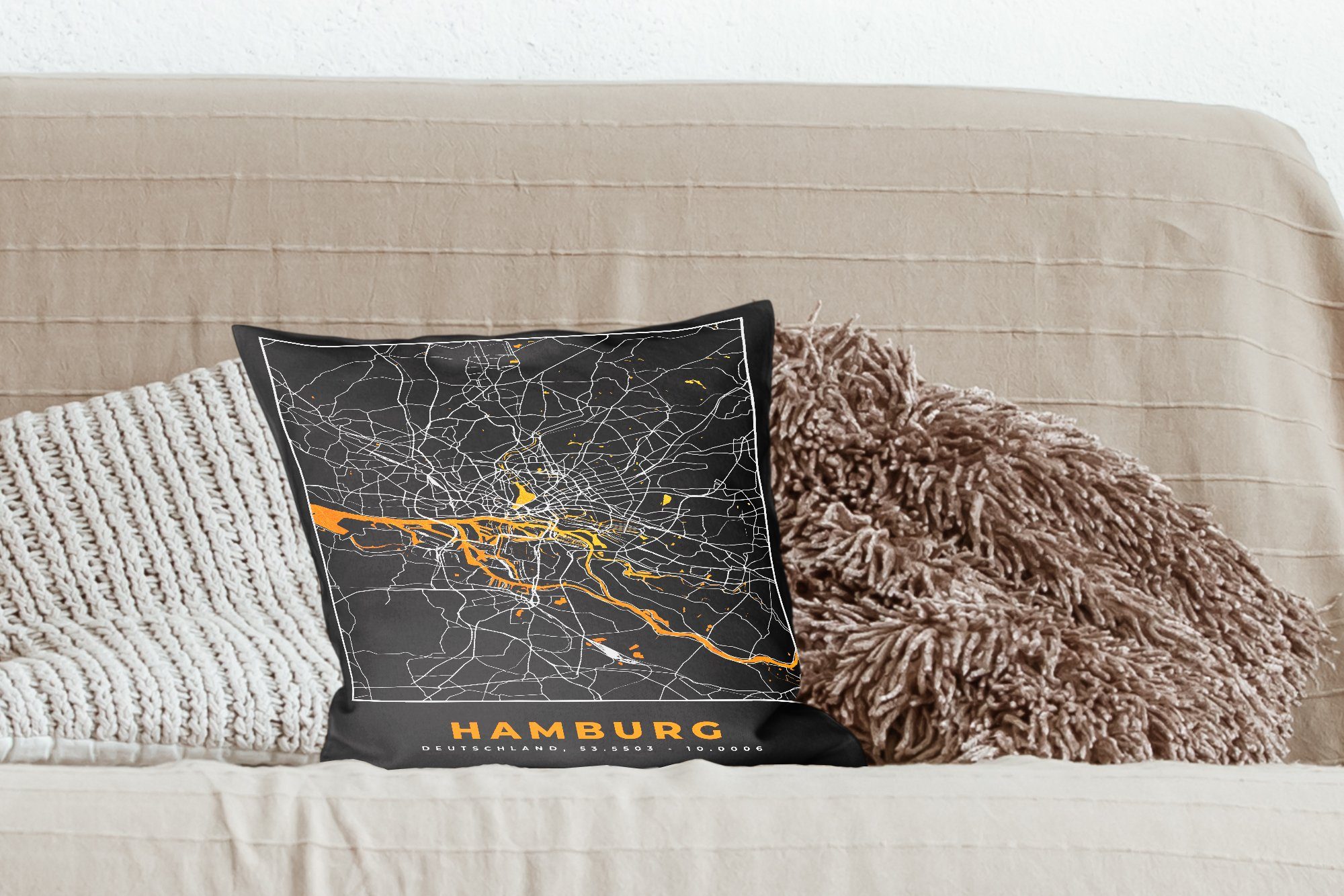 MuchoWow Dekokissen Hamburg - Deutschland Deko, Gold - Schlafzimmer, - für Sofakissen Stadtplan, mit - Wohzimmer, Karte Zierkissen Füllung