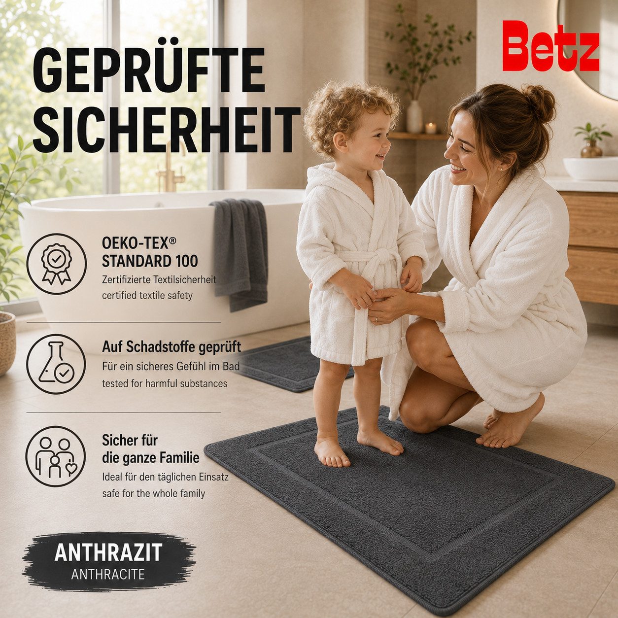 Betz Badematte 2 Stück Badvorleger Premium Badteppich Größe 50x70 cm, unbeschichtet, beidseitig nutzbar, beidseitig nutzbar, Baumwolle, Qualität 650g/m² – Bild 4 von 5