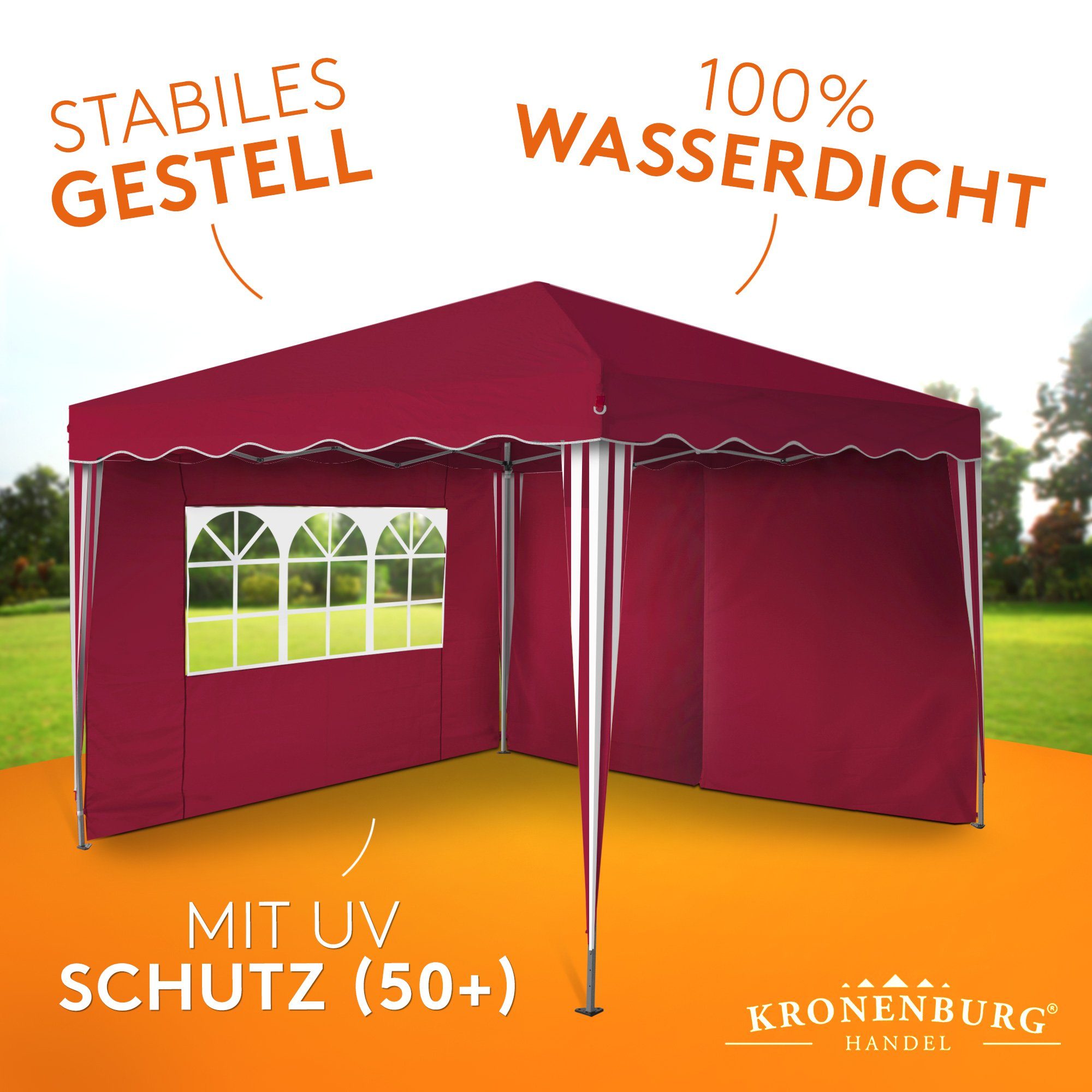 Kronenburg Faltpavillon 3x3 m wasserdicht - Gartenpavillon, Partyzelt stabil, UV-Schutz 50+, mit 2 Seitenteilen, Wetterfester Schutz, Leichter Aufbau, Inklusive – Bild 4 von 5