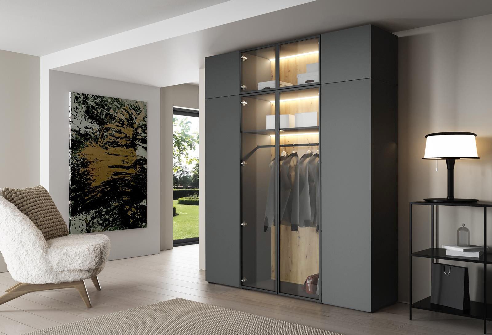 Compleo Drehtürenschrank 200 cm breit STELLS, Kleiderschrank mit Glasfront, Modern Garderobe