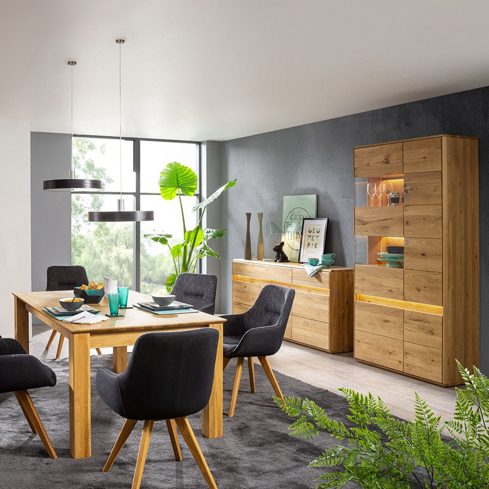 Lomadox Vitrine WELLAND-69 103 cm, Eiche massiv geölt mit LED-Beleuchtung, Türanschlag links