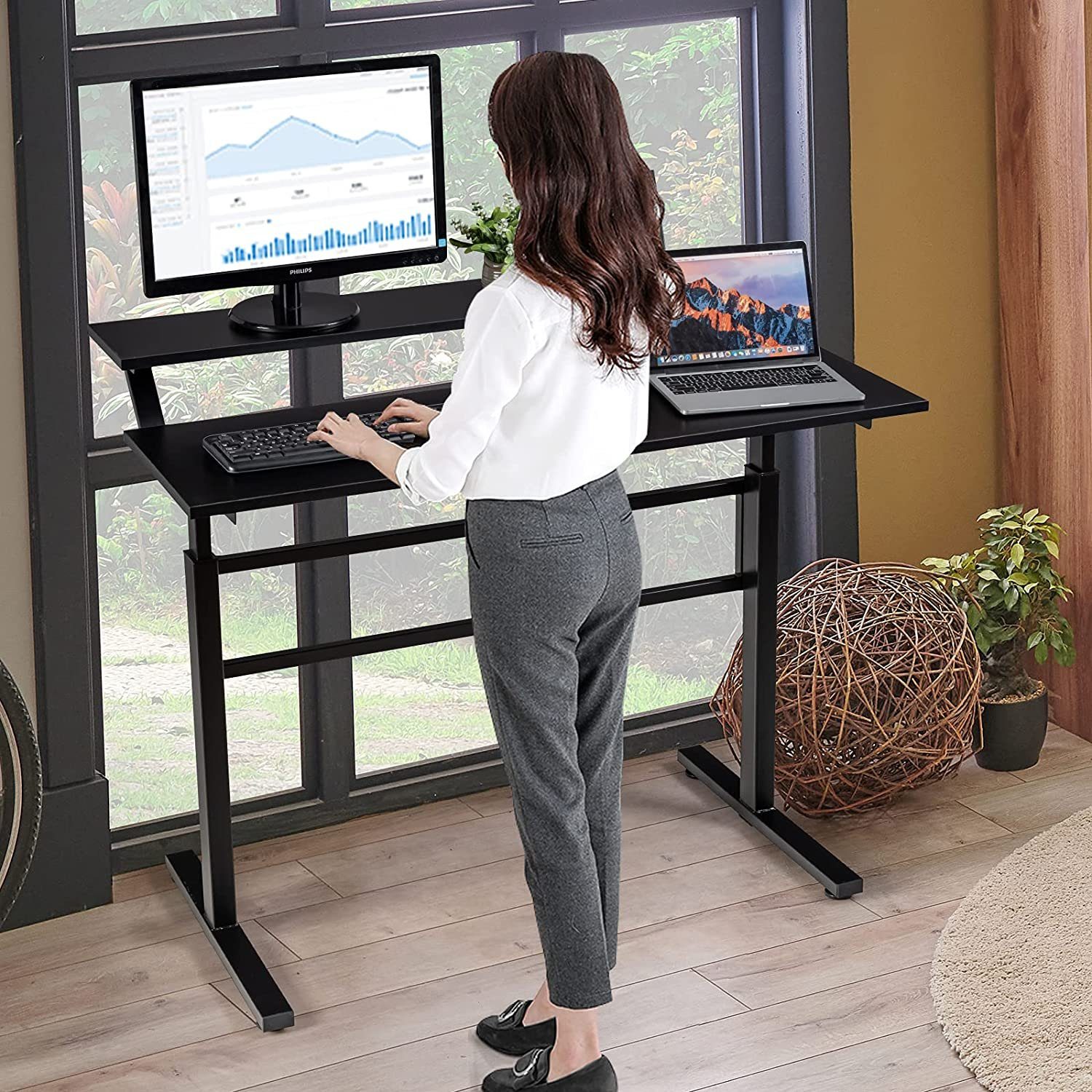 KOMFOTTEU Computertisch Sitz-Stehtisch, mit Verstellbaren Füßen, Ablage Schwarz mit