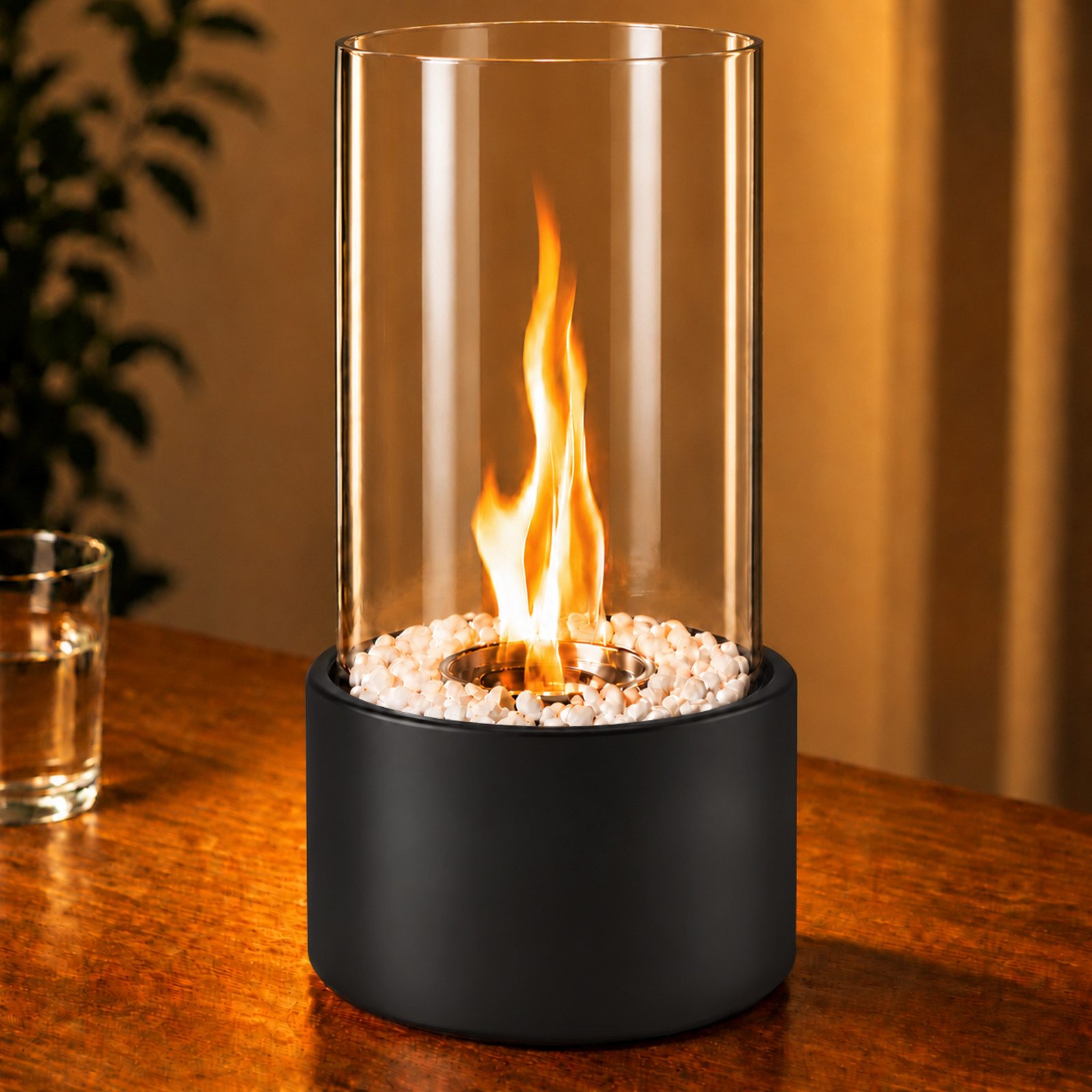 Ledklang Tischfeuer Ethanol Tischkamin Bioethanol Kamin Glas 26.9*16CM Dekosteinen Schwarz (für Tisch, Terrasse, Balkon & Garten), Als Party Geschenkidee stilvolle Tischdeko oder festliche Atmosphäre