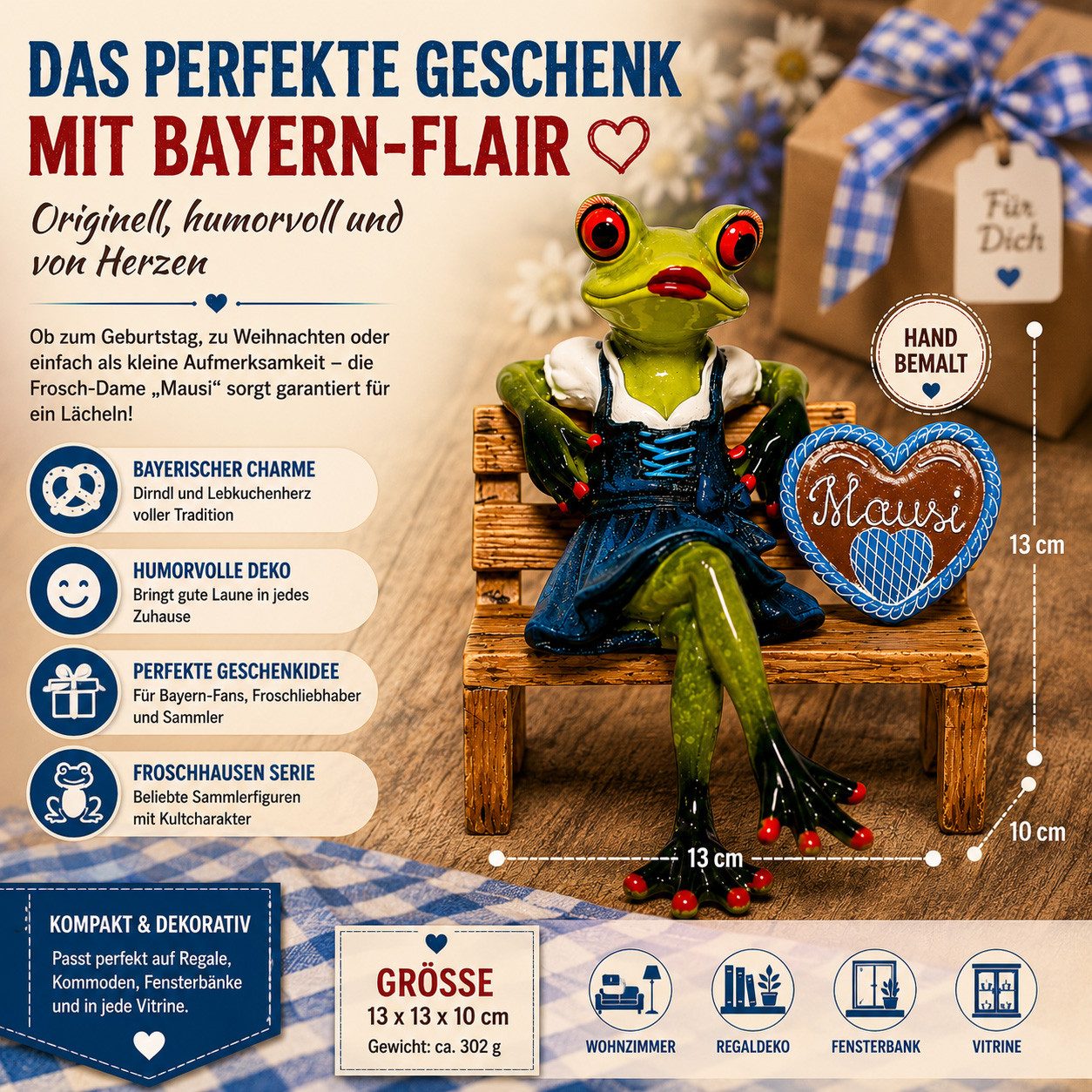formano Sammelfigur Froschhausen Frosch-Lady Mausi im Dirndl mit Lebkuchenherz 13 cm