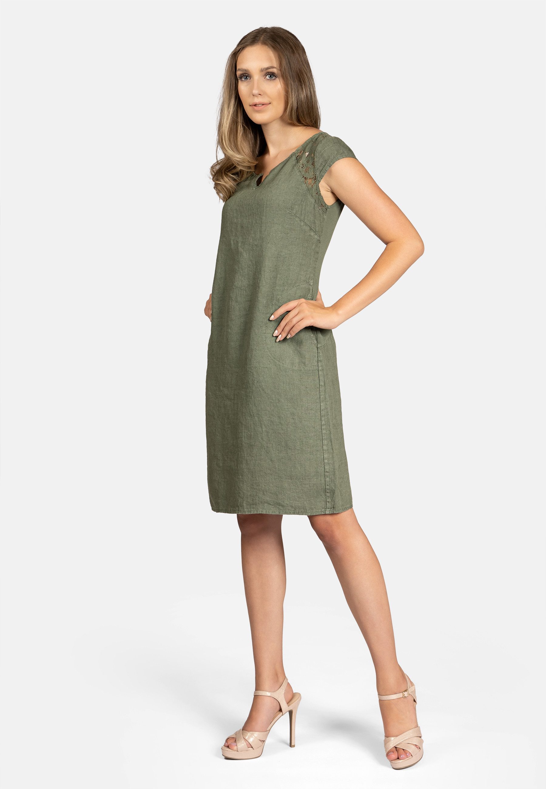 Caspar Sommerkleid SKL042 Damen Sommer Leinenkleid mit dezentem Spitzeneinsatz Luftig leicht, figurumspielende Form, mit seitlichem Jersey-Einsatz
