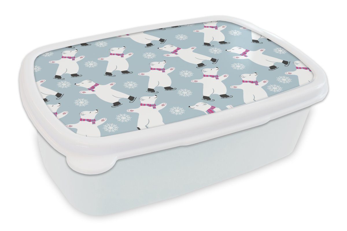MuchoWow Lunchbox Schlittschuhe - Eisbär - Muster, Kunststoff, (2-tlg), Brotbox für Kinder und Erwachsene, Brotdose, für Jungs und Mädchen weiß