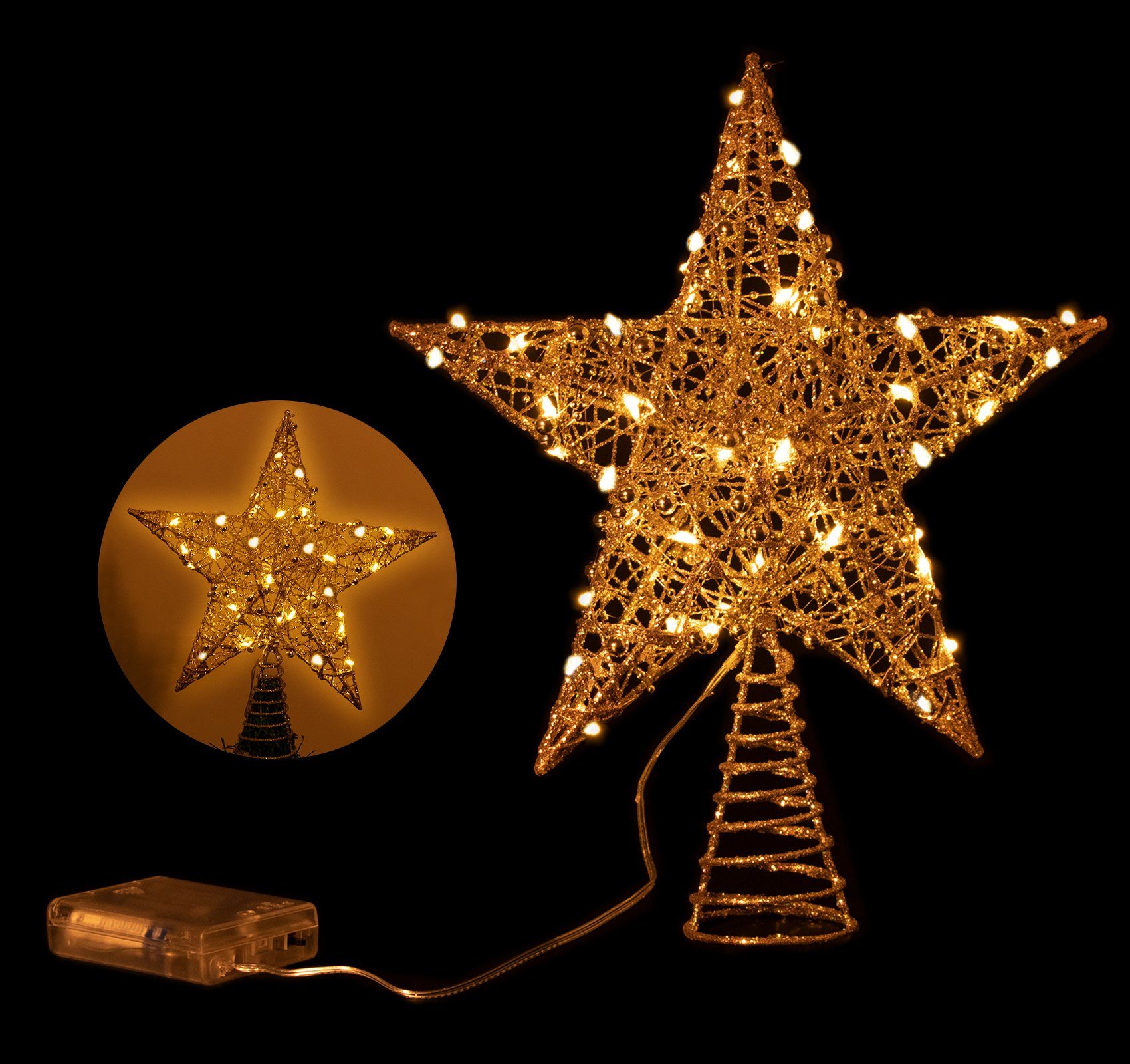 Homewit Christbaumspitze LED Christbaumschmuck Weihnachtsbaumspitz Lichter Weihnachtsbaumdekoration Gold Stern mit Weihnachtsbaum warme Glitzer LED Deko (1-tlg)